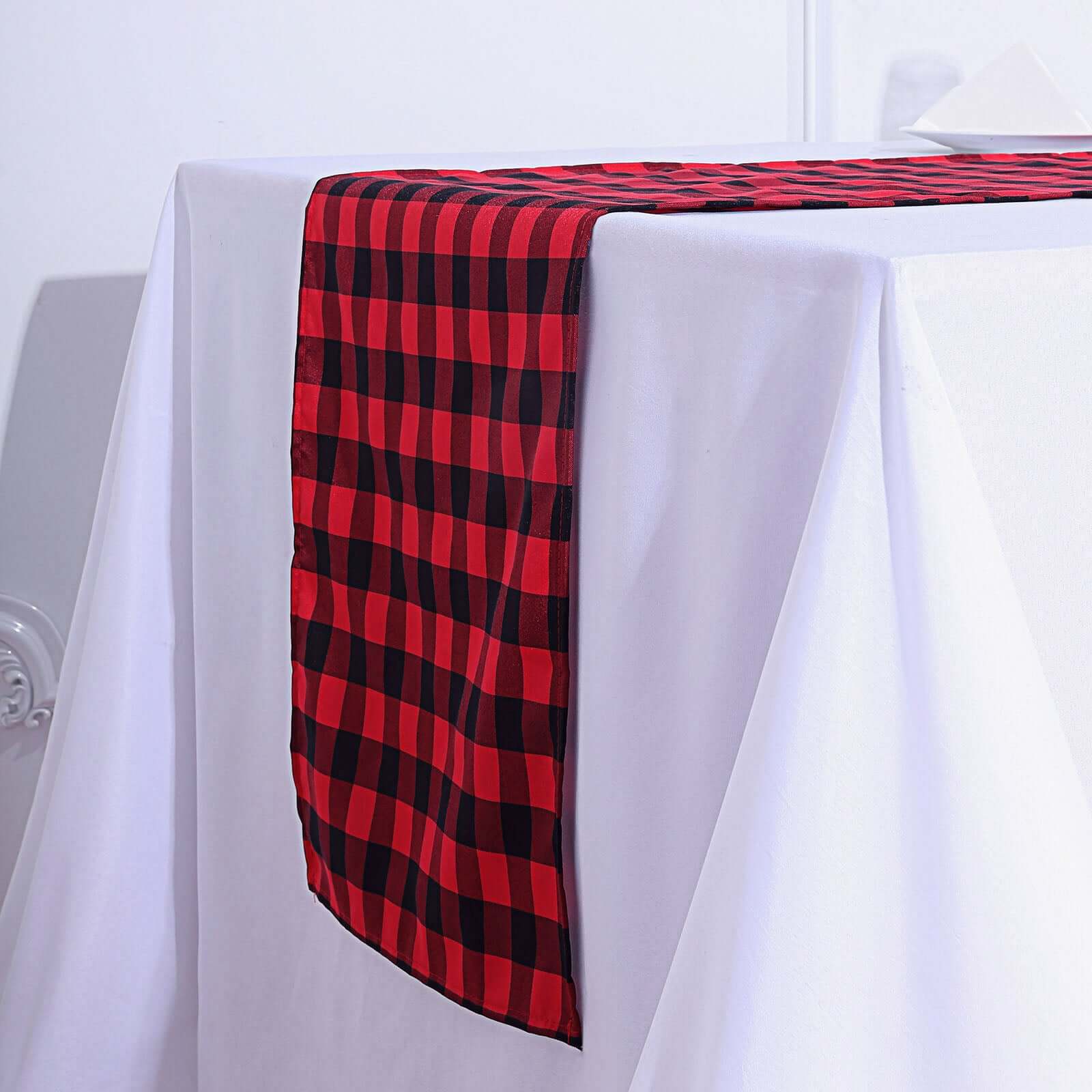 Hot Sale! 14x108 Black and Red Checkered Polyester Outdoor Table Runner with Buffalo Plaid Pattern