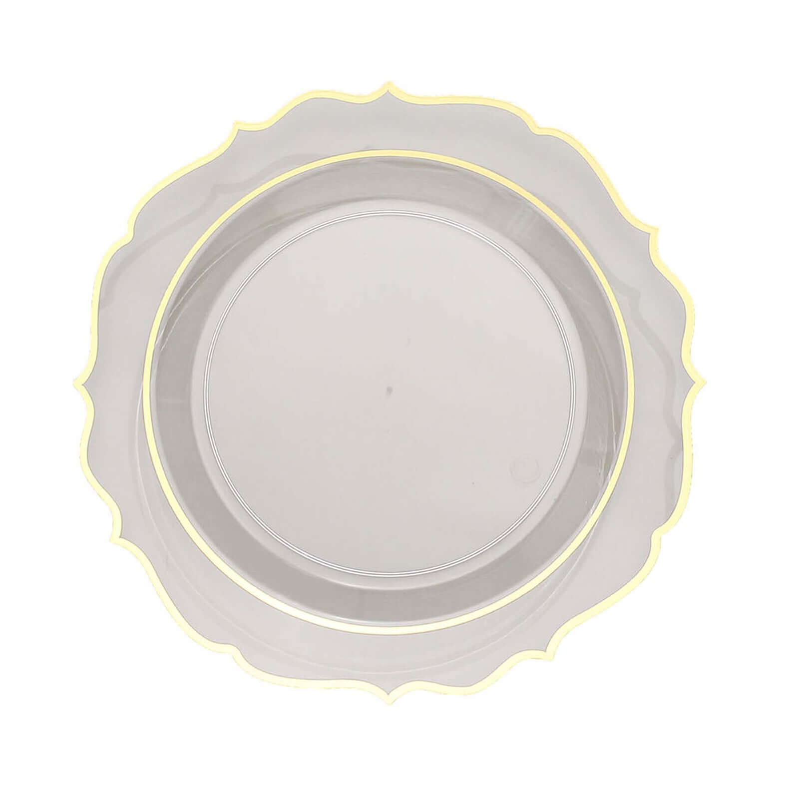 10-Piece Set of Clear Plastic 8-Inch Round Desert Plates with Gold Scalloped Rims - Disposable Appetizer/Salad Plates