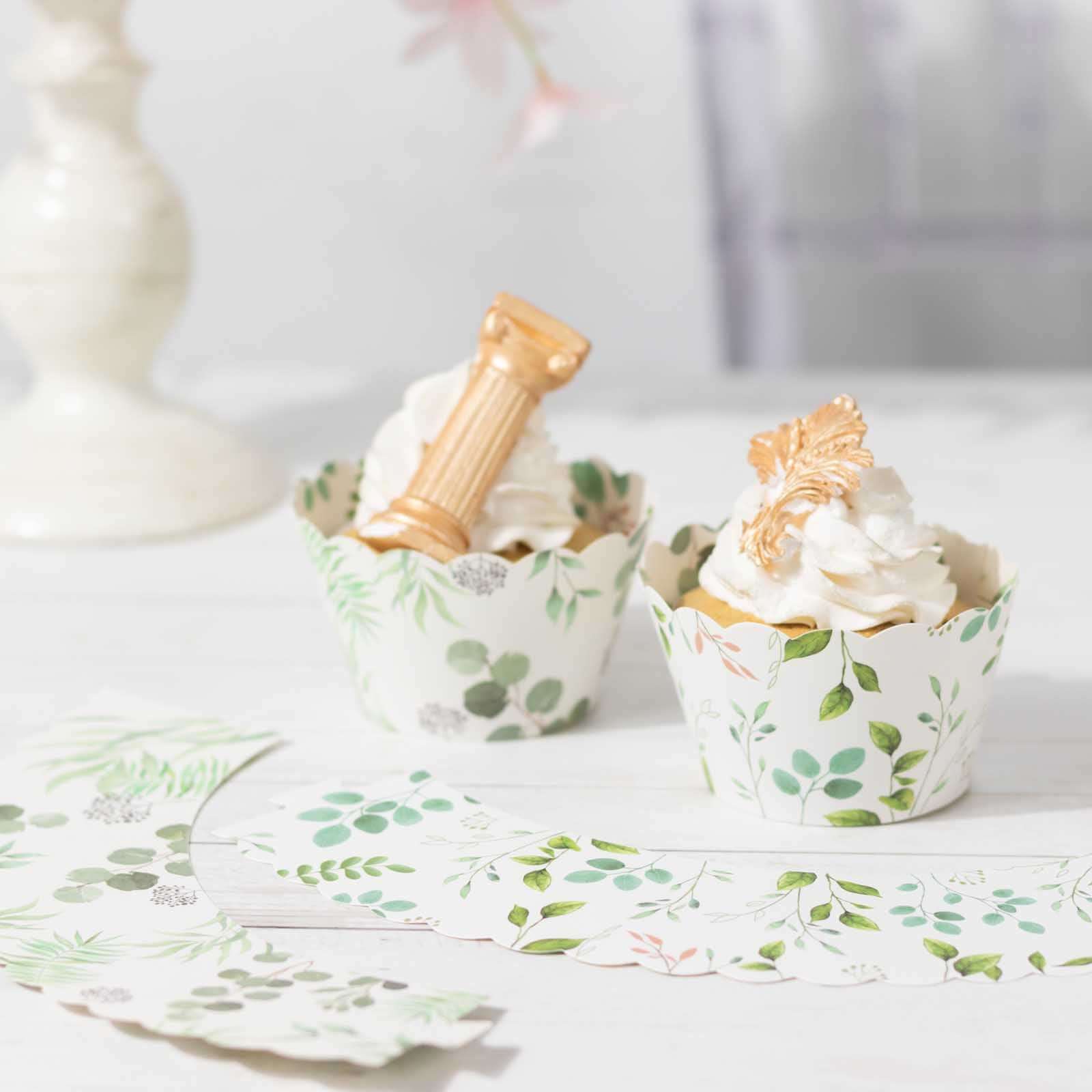 25-Piece Premium Paper Cupcake Wrappers with Eucalyptus Leaves Print in White and Green