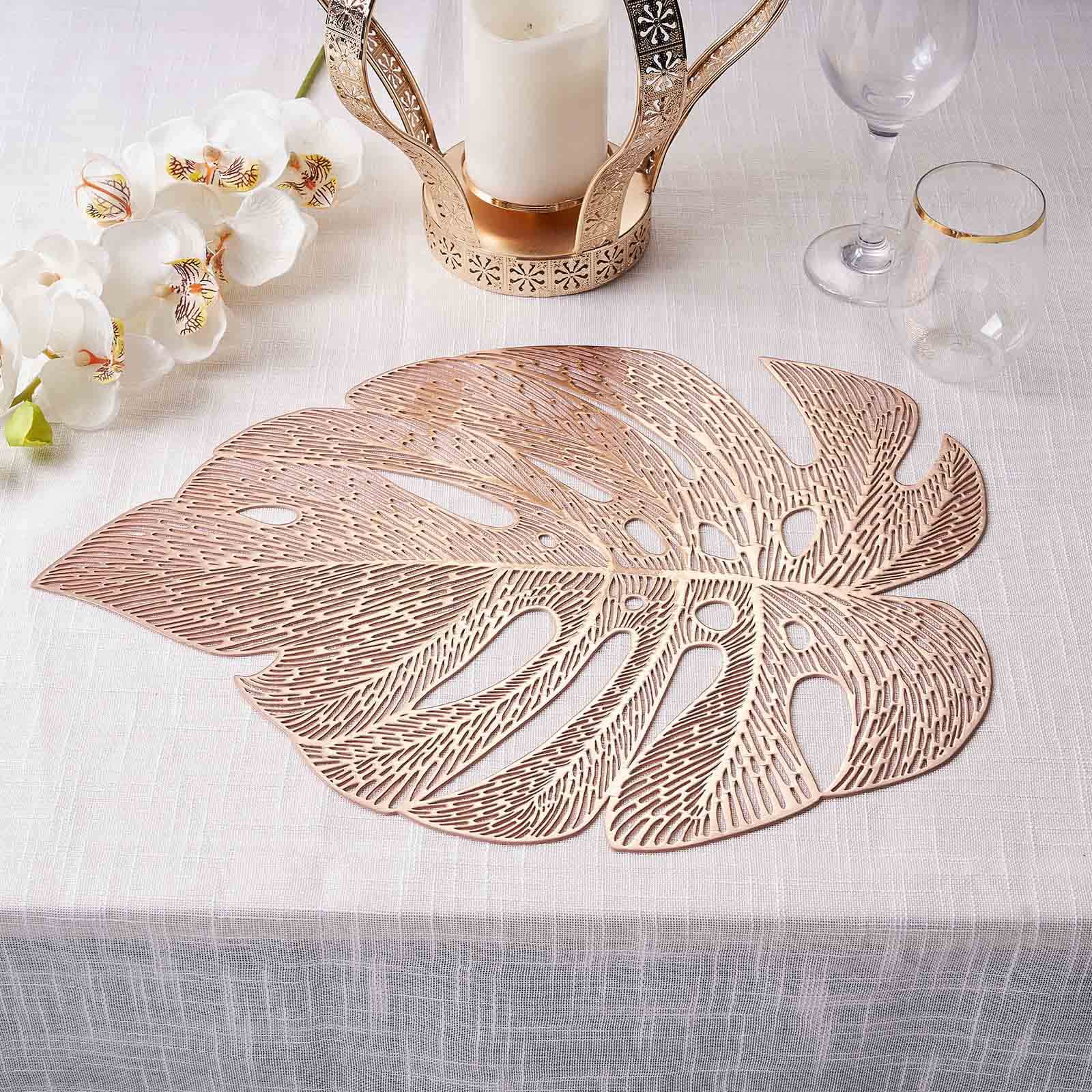 6-Piece Rose Gold Monstera Leaf Design Vinyl Dining Table Mats - Non-Slip for Tropical Decor