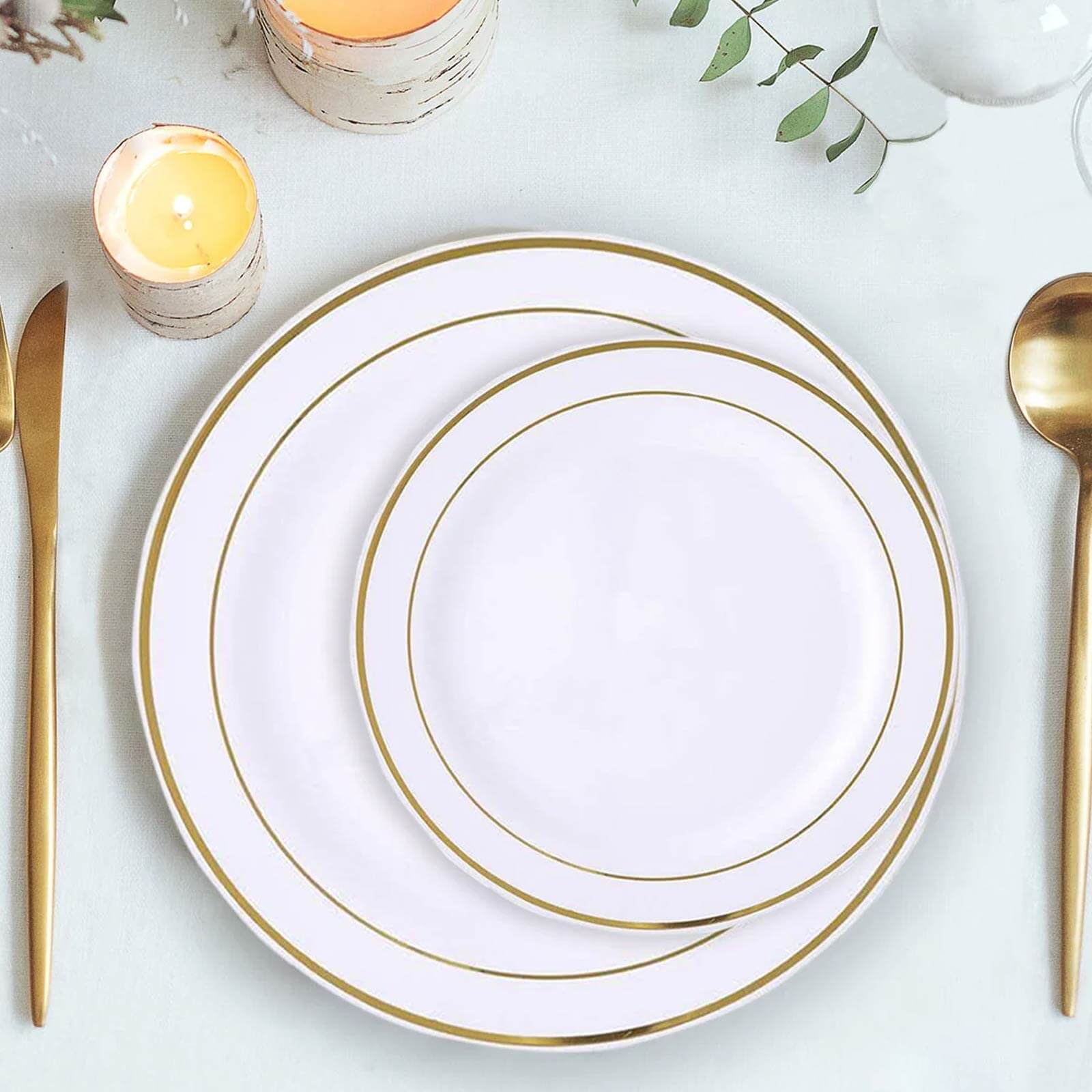 10-Piece Set of Disposable White Plastic Dessert Plates with Stylish Gold Rim, 6 Inches