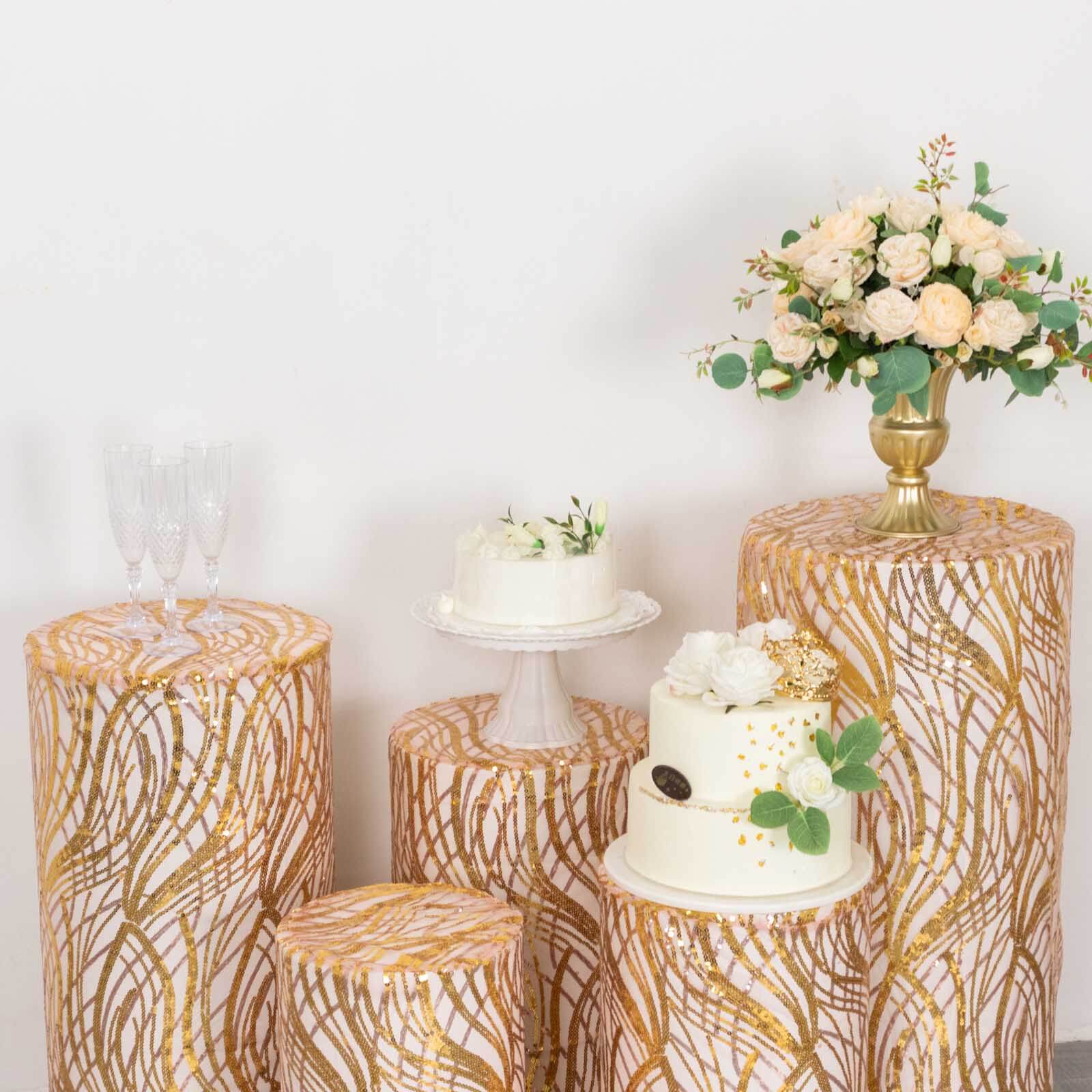Set of 5 Rose Gold and Gold Sparkly Wave Sequin Mesh Cylinder Pedestal Stand Covers