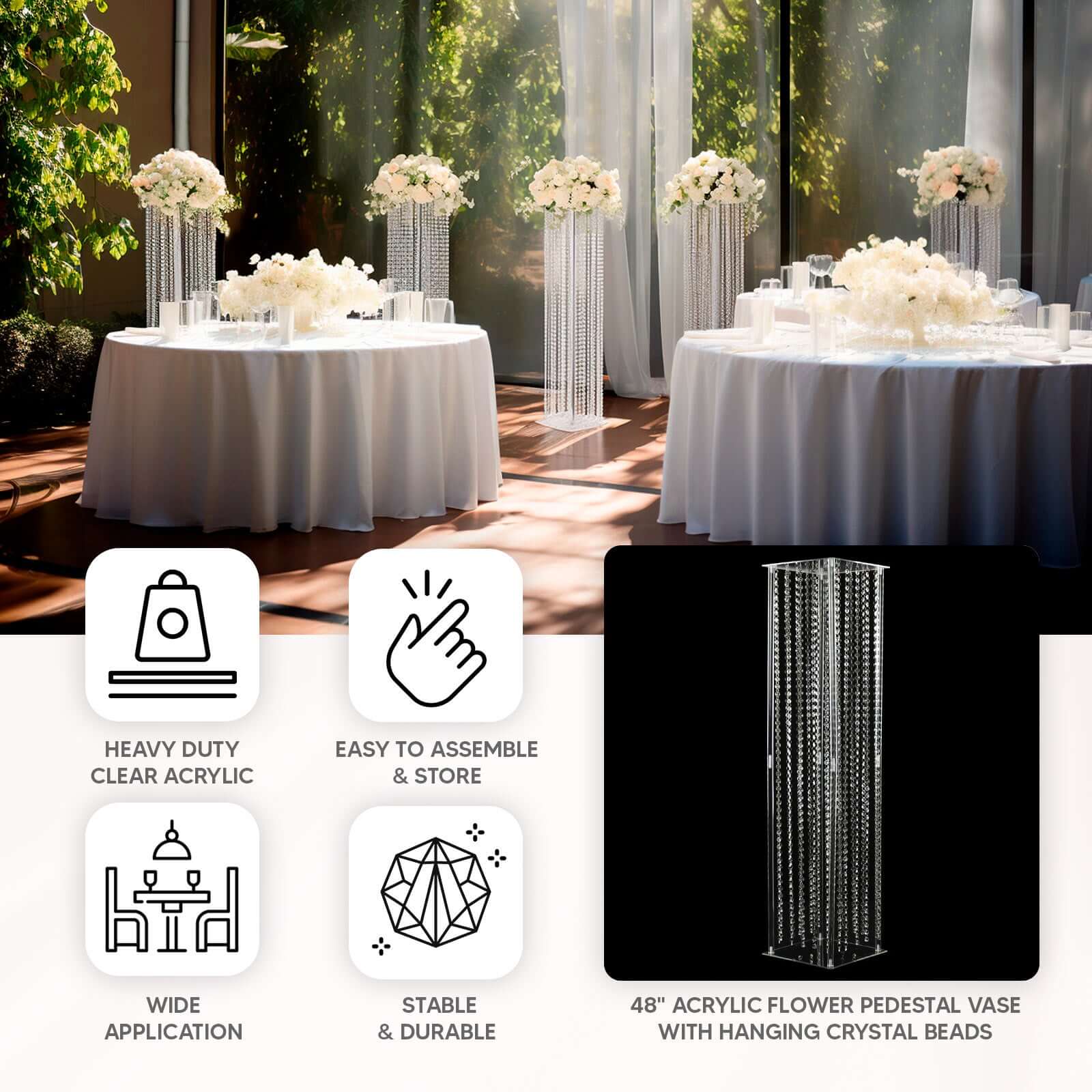 Clear Acrylic Flower Pedestal Vase with Crystal Beads - Ideal Wedding Floor Centerpiece