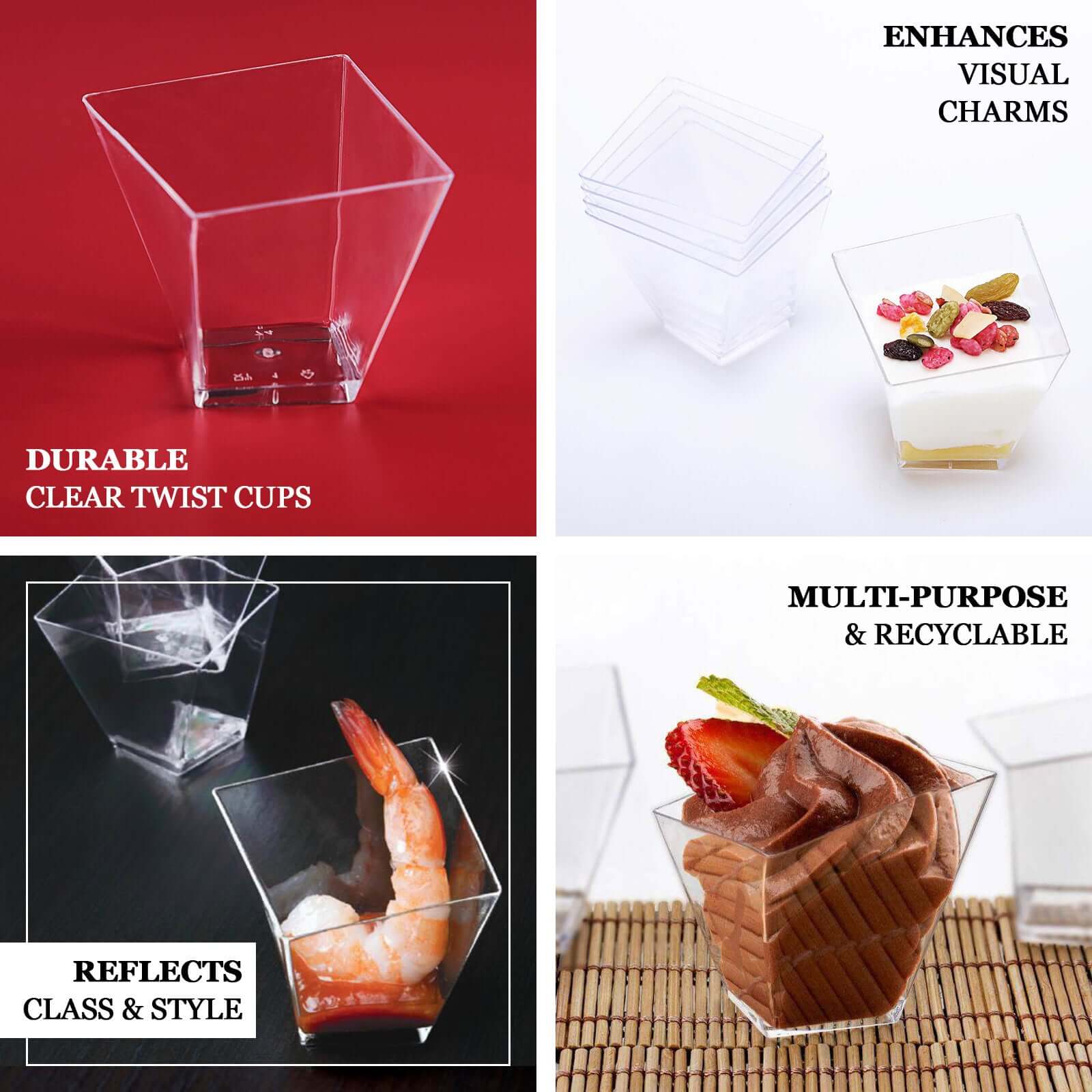 50-Pack 2oz Durable Disposable Clear Square Twist Plastic Dessert Cups for Parties