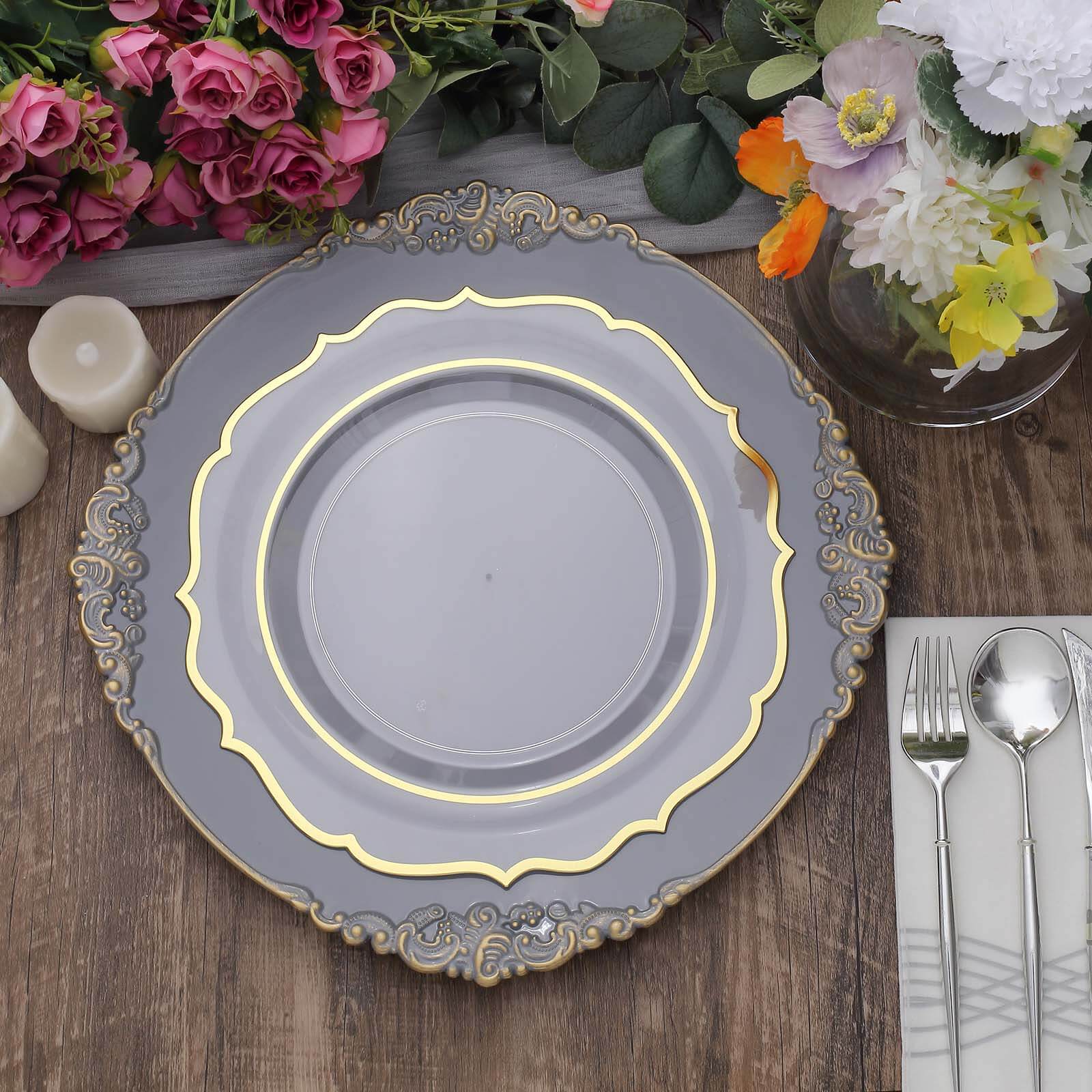 6-Pack 13-Inch Charcoal Gray Acrylic Round Charger Plates with Gold Embossed Baroque Rim - Ideal for Dinner Parties