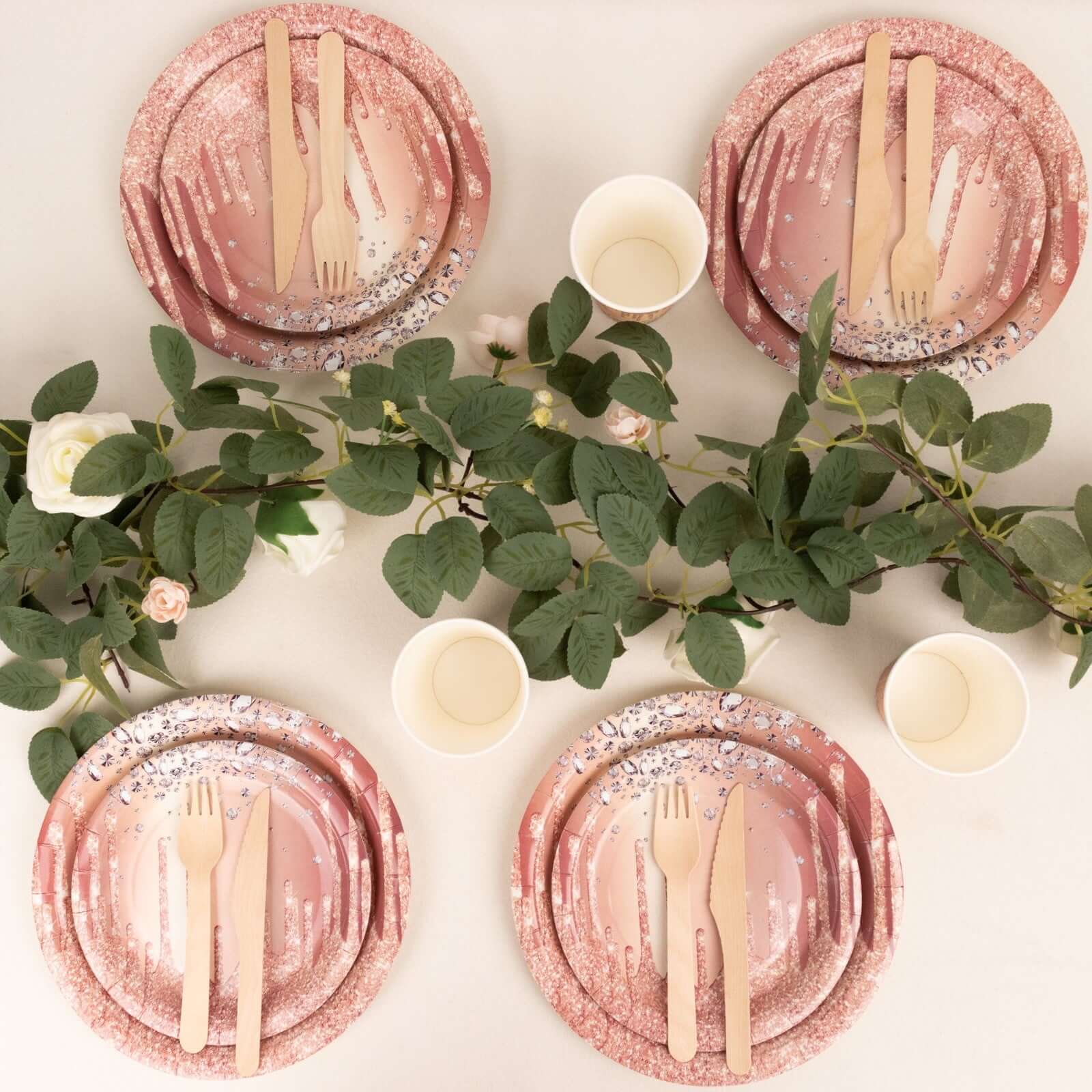 Hot Sale! 72-Piece Disposable Paper Dinnerware Set in Rose Gold with Diamond Glitter Drip Pattern