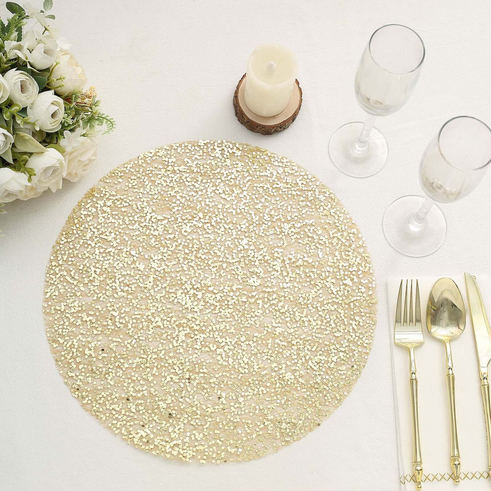 10-Piece Set of Disposable, Dust-Free Metallic Gold Sequin Round Table Placemats, 13 Inches