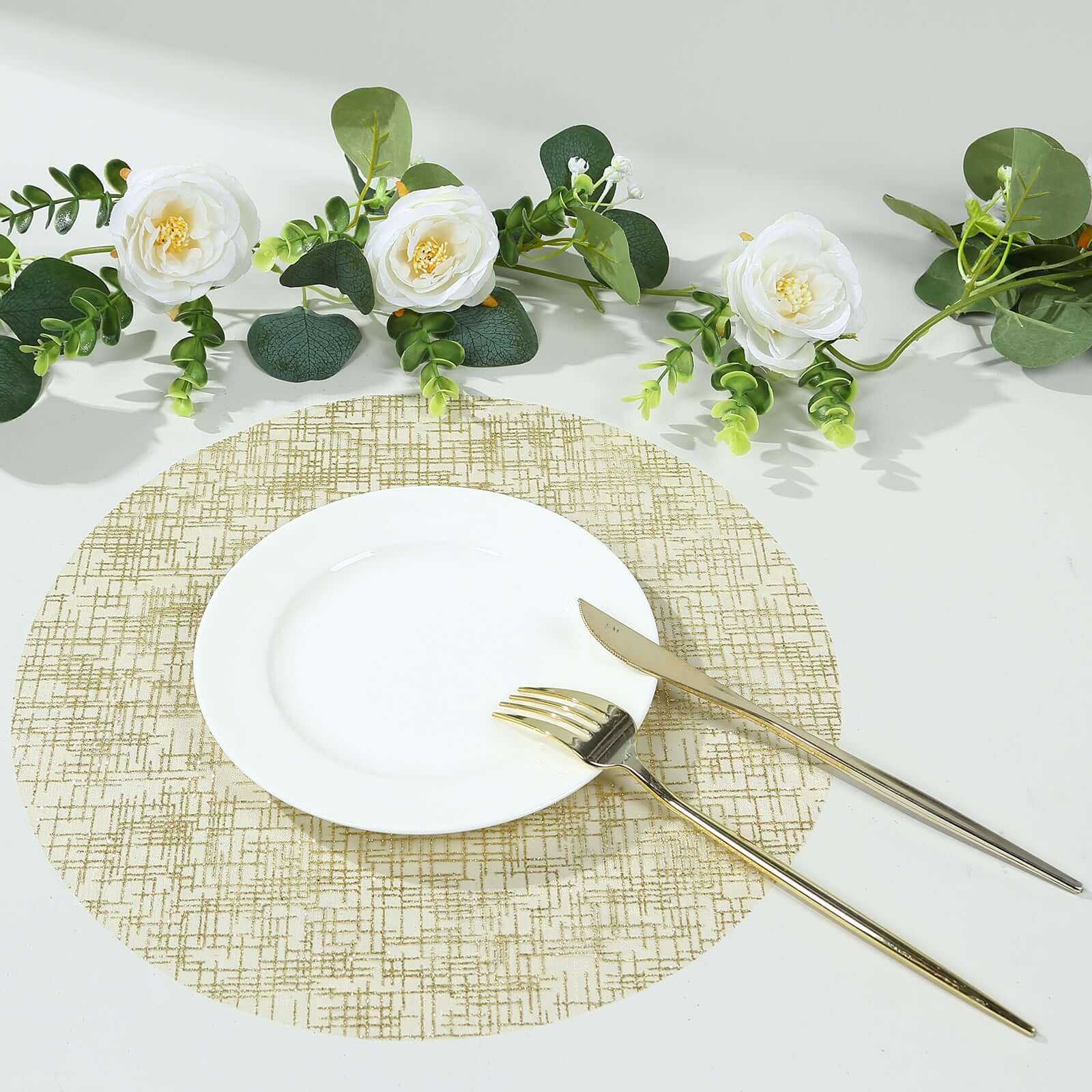 Hot Deal! 10-Pack Disposable Metallic Gold Round Table Placemats with Glitter Mesh Polyester Design