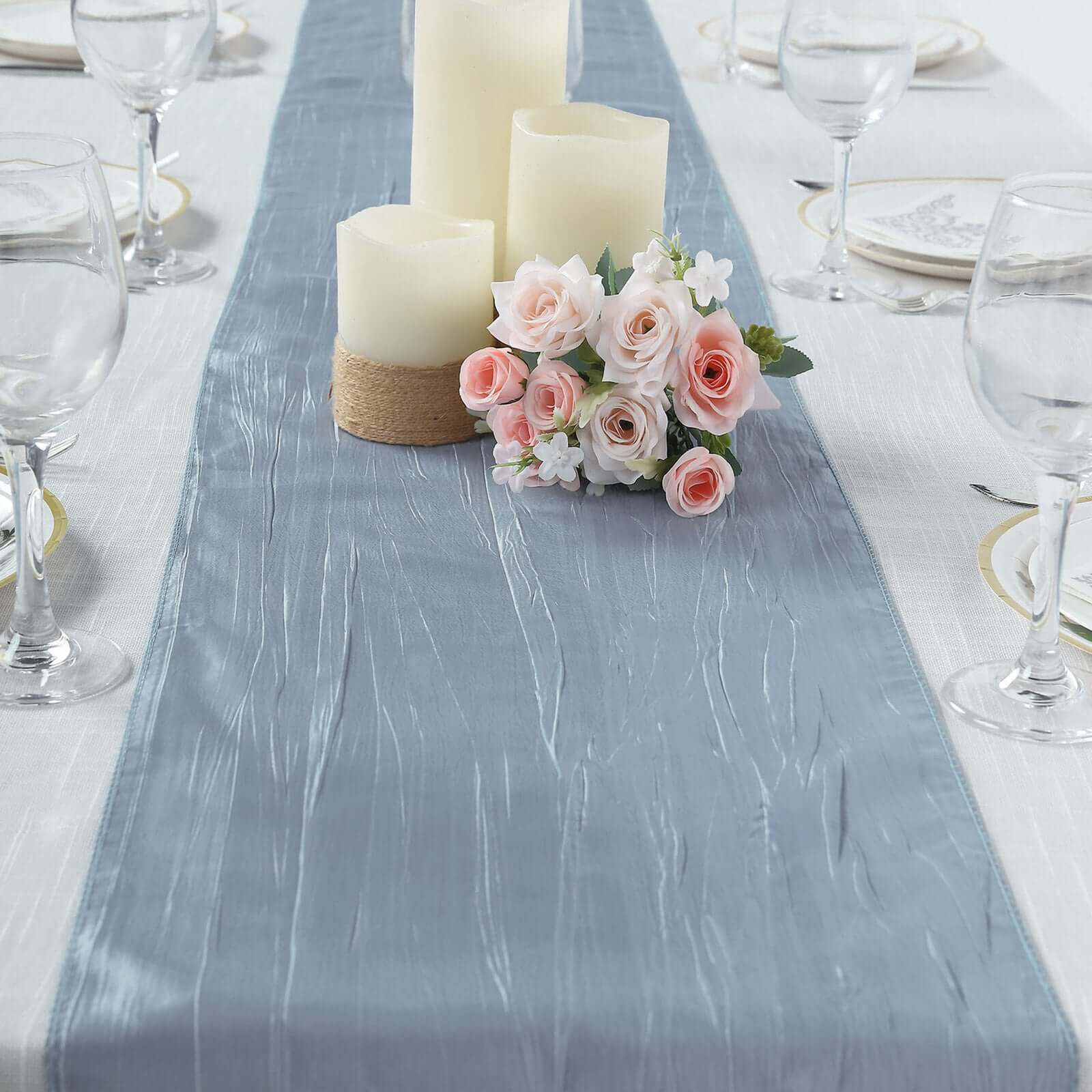 12x108 Dusty Blue Taffeta Table Runner with Accordion Crinkle & Metallic Shine