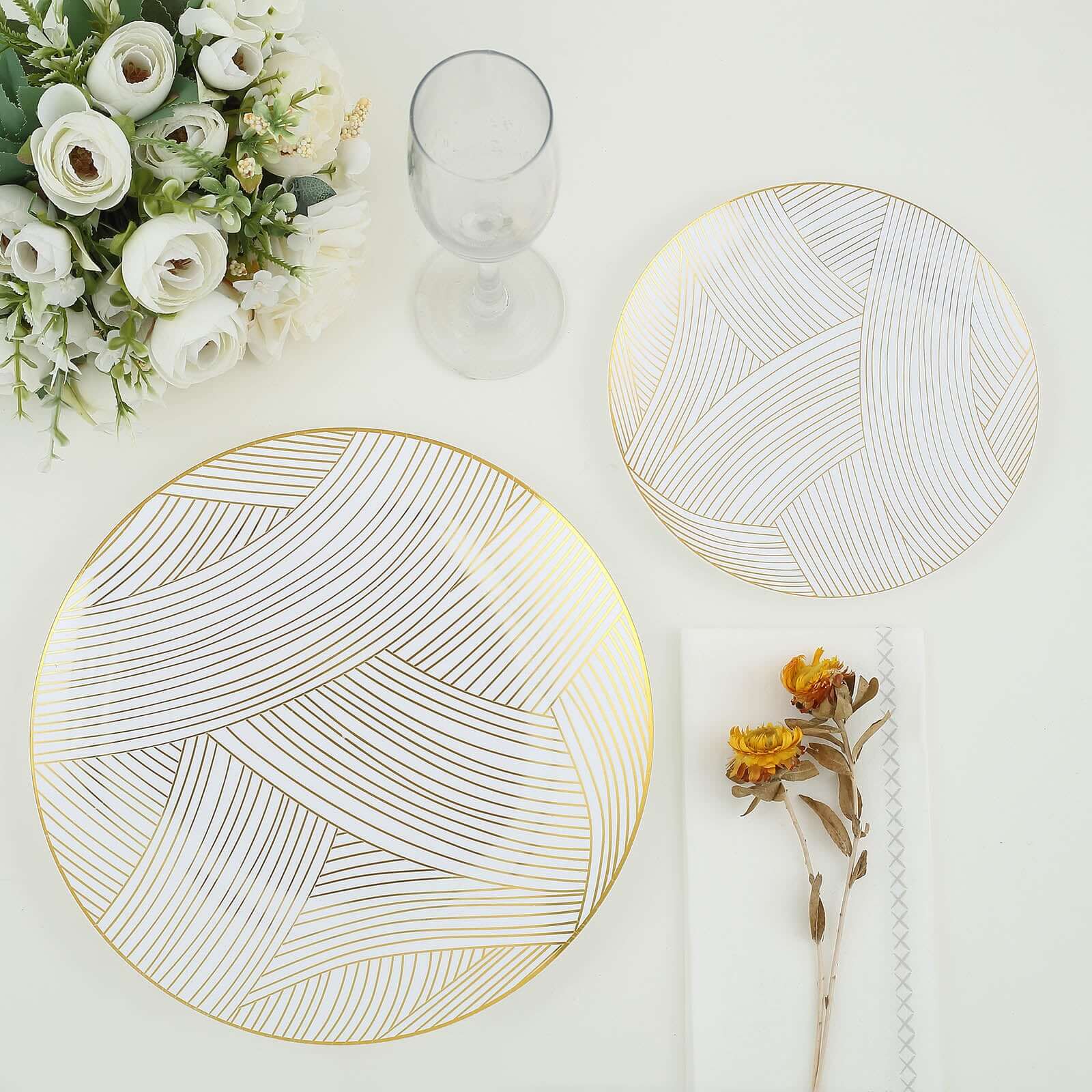 10-Pack Disposable White Plastic Round Dessert Plates with Gold Wave Pattern
