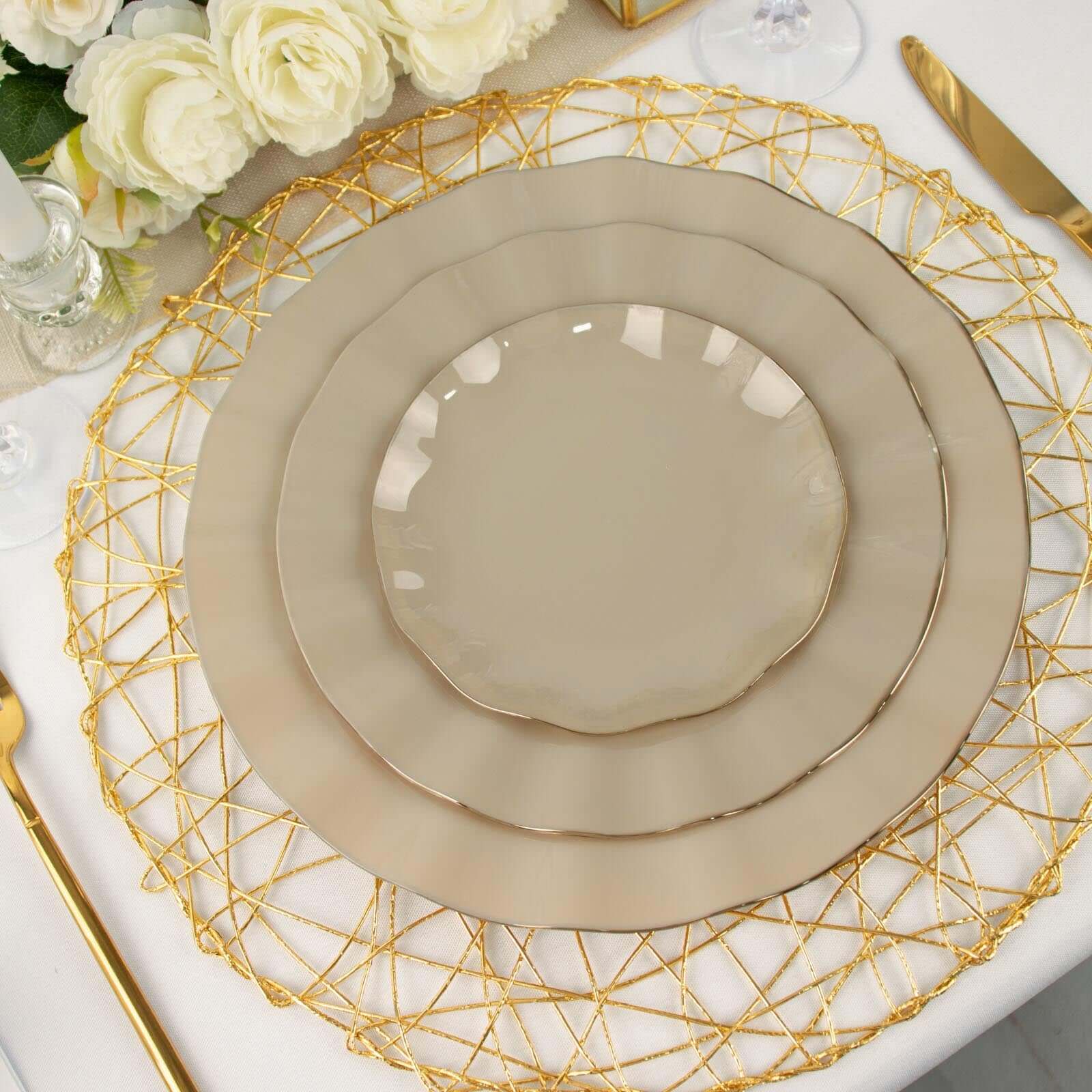 Hot Deal! 10-Pack 9" Taupe Plastic Round Dinner Plates with Gold Ruffled Edges - Sturdy Disposable