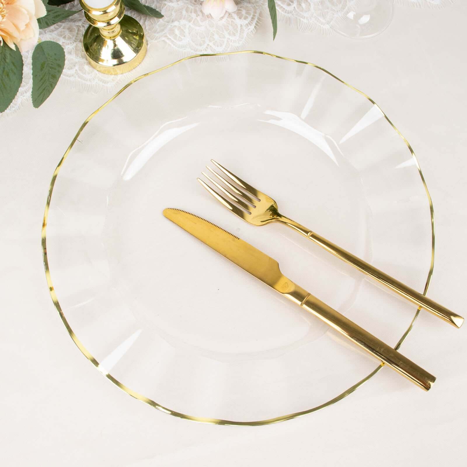 10-Pack Clear Plastic Round Dinner Plates with Gold Edging - Sturdy Disposable Delight