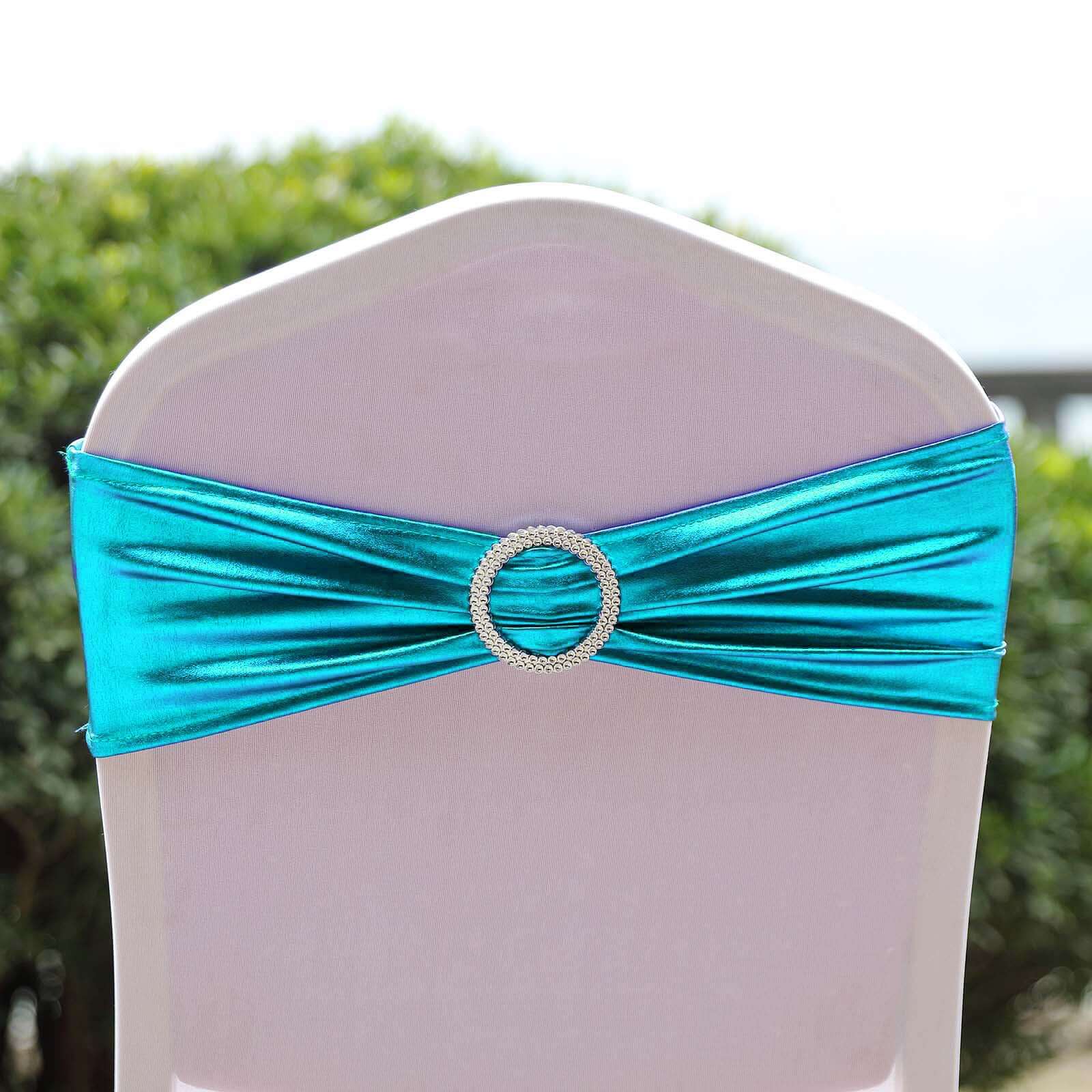 5-Pack Metallic Peacock Teal Spandex Chair Sashes with Round Diamond Buckles - Great for Events