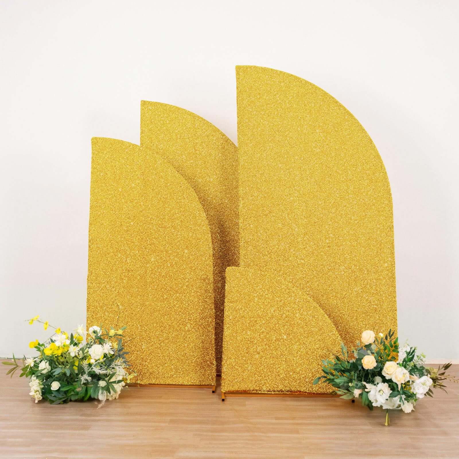 4-Piece Gold Shimmer Tinsel Chiara Wedding Arch Covers for Half Moon Stands (2.5ft - 7ft)