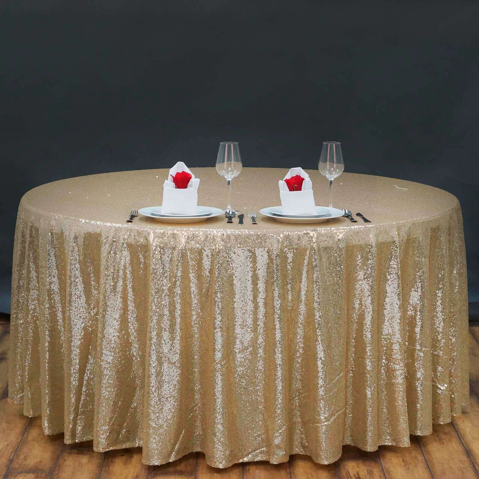 Champagne Seamless Round Sequin Tablecloth, 132-Inch Dazzling Cover