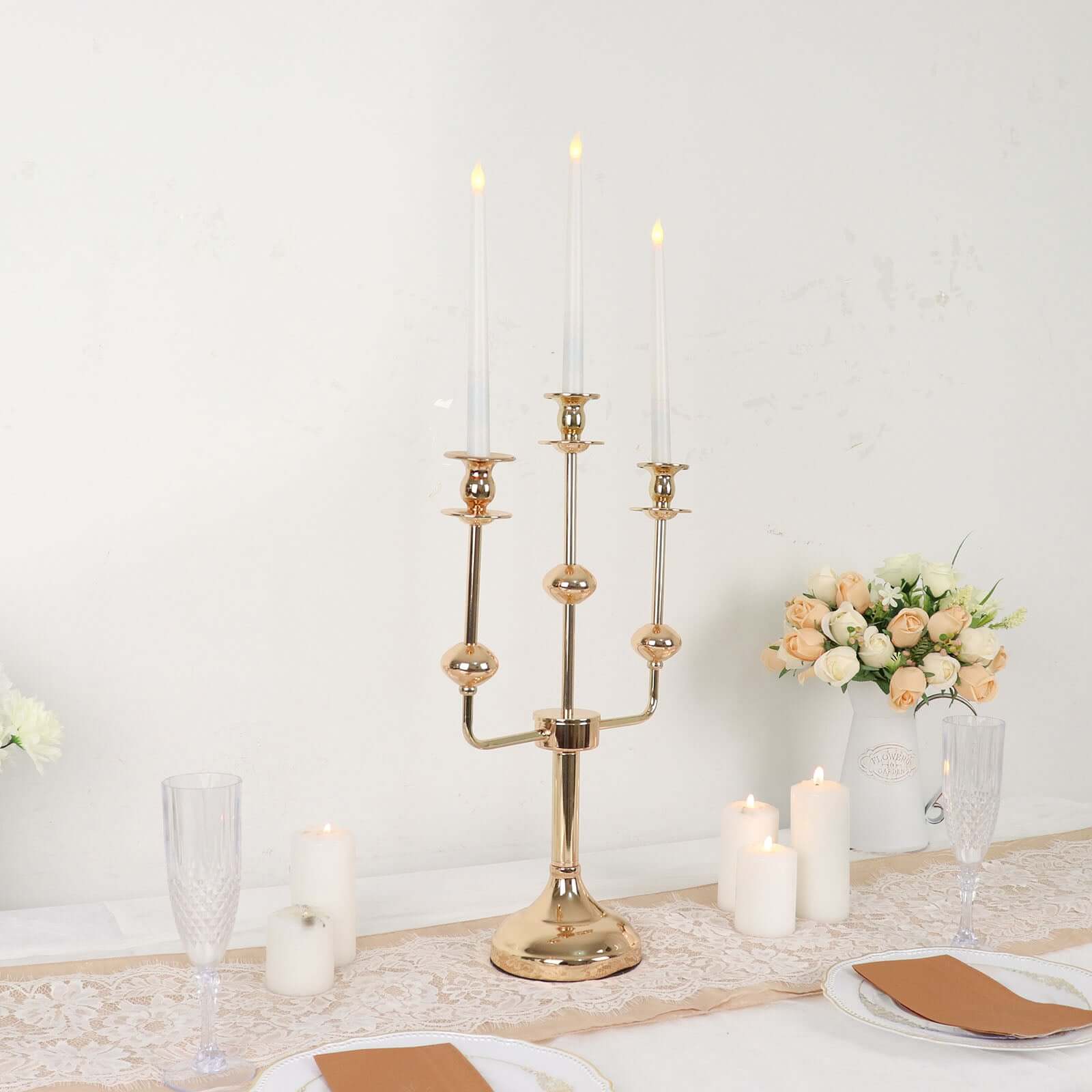 Gold Metal 3-Arm Taper Candelabra Candle Holder Stand - Ideal Wedding Centerpiece