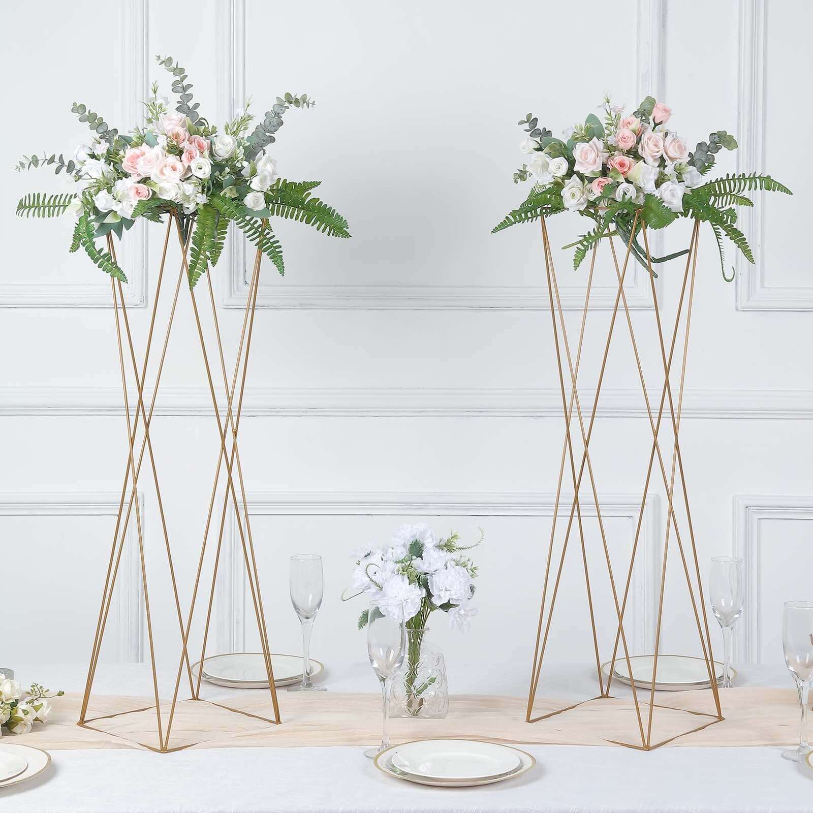 2-Pack Gold Metal Geometric Crisscross Open Column Pedestal Stands for Wedding Centerpieces, 32 Inches