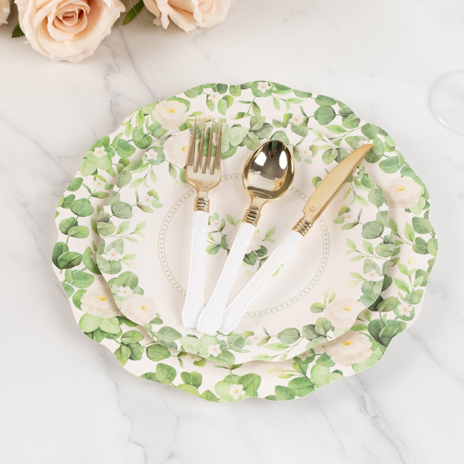 25-Pack Disposable 8-Inch White Floral Greenery Scalloped Edge Paper Dessert Plates - Ideal for Rustic Weddings & Garden Brunches