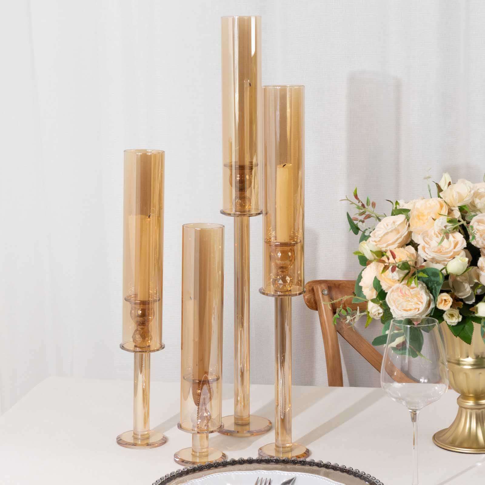 4-Piece Set of Gold Crystal Glass Hurricane Taper Candle Holders - Assorted Sizes