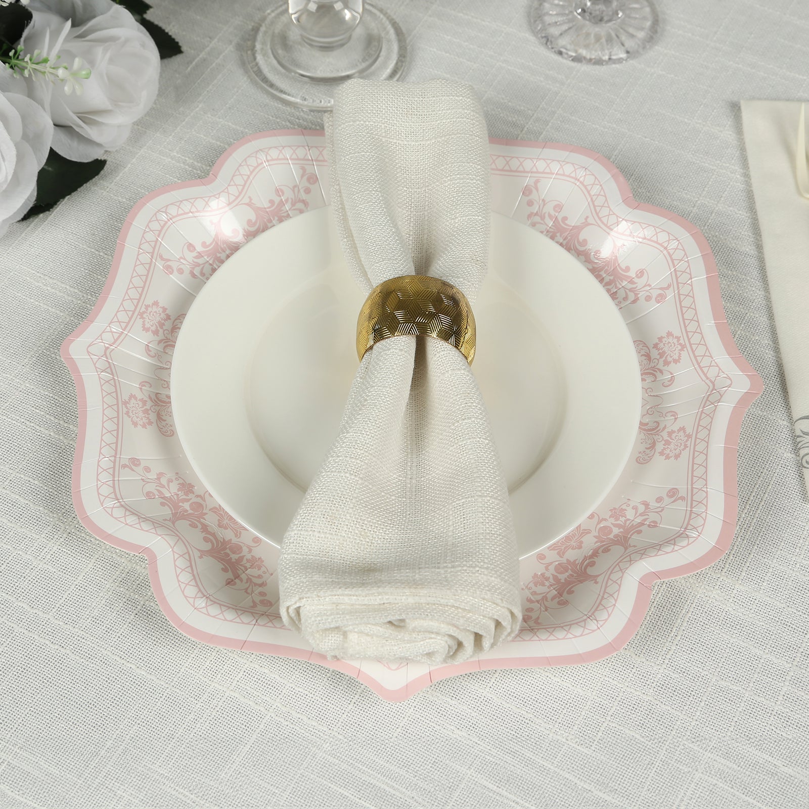 Get 25-Pack of Elegant White Disposable Paper Dessert Plates with Pink Floral Damask Print & Scallop Rim