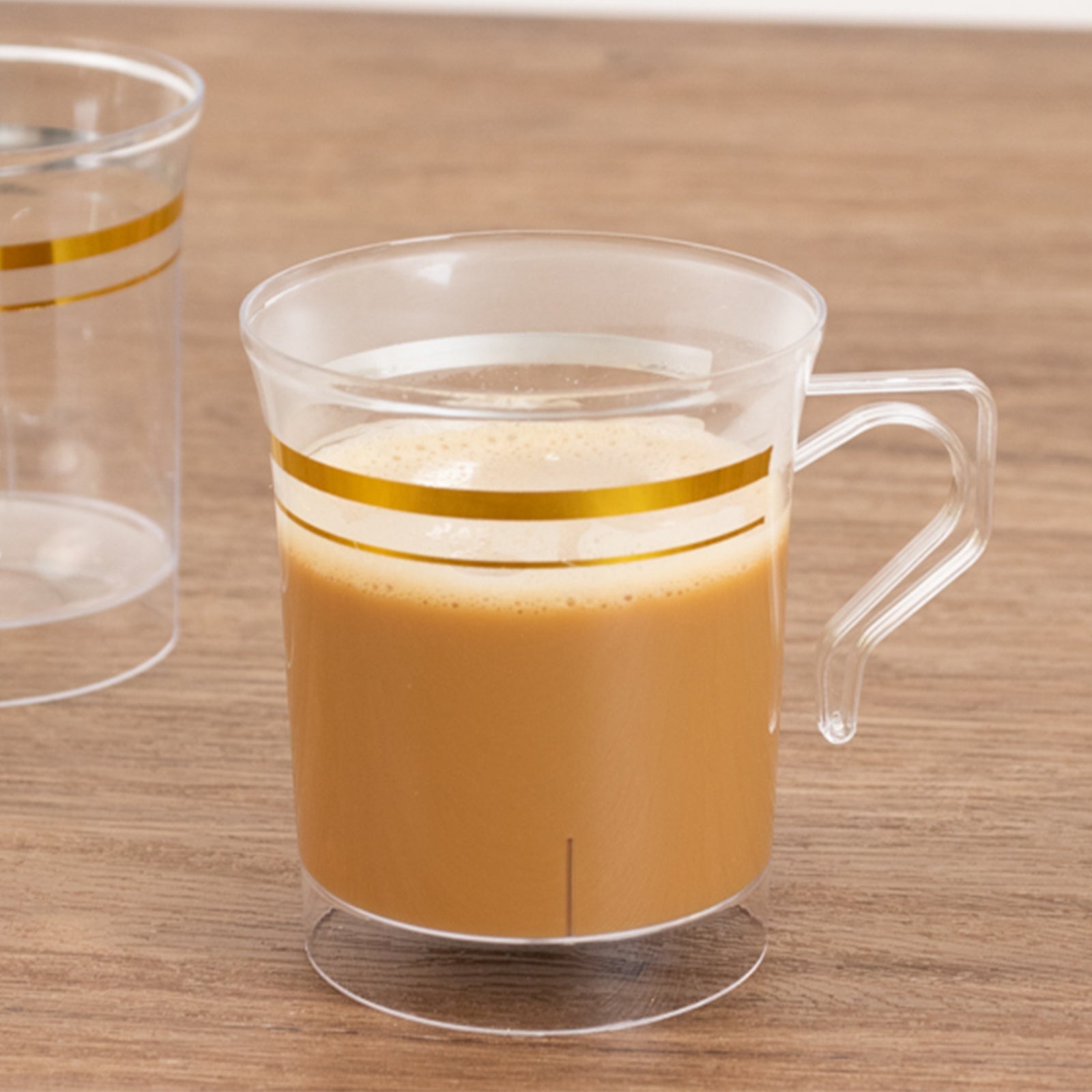 8-Pack Disposable 8oz Clear Plastic Coffee Mugs with Gold Stripes - Ideal for Events