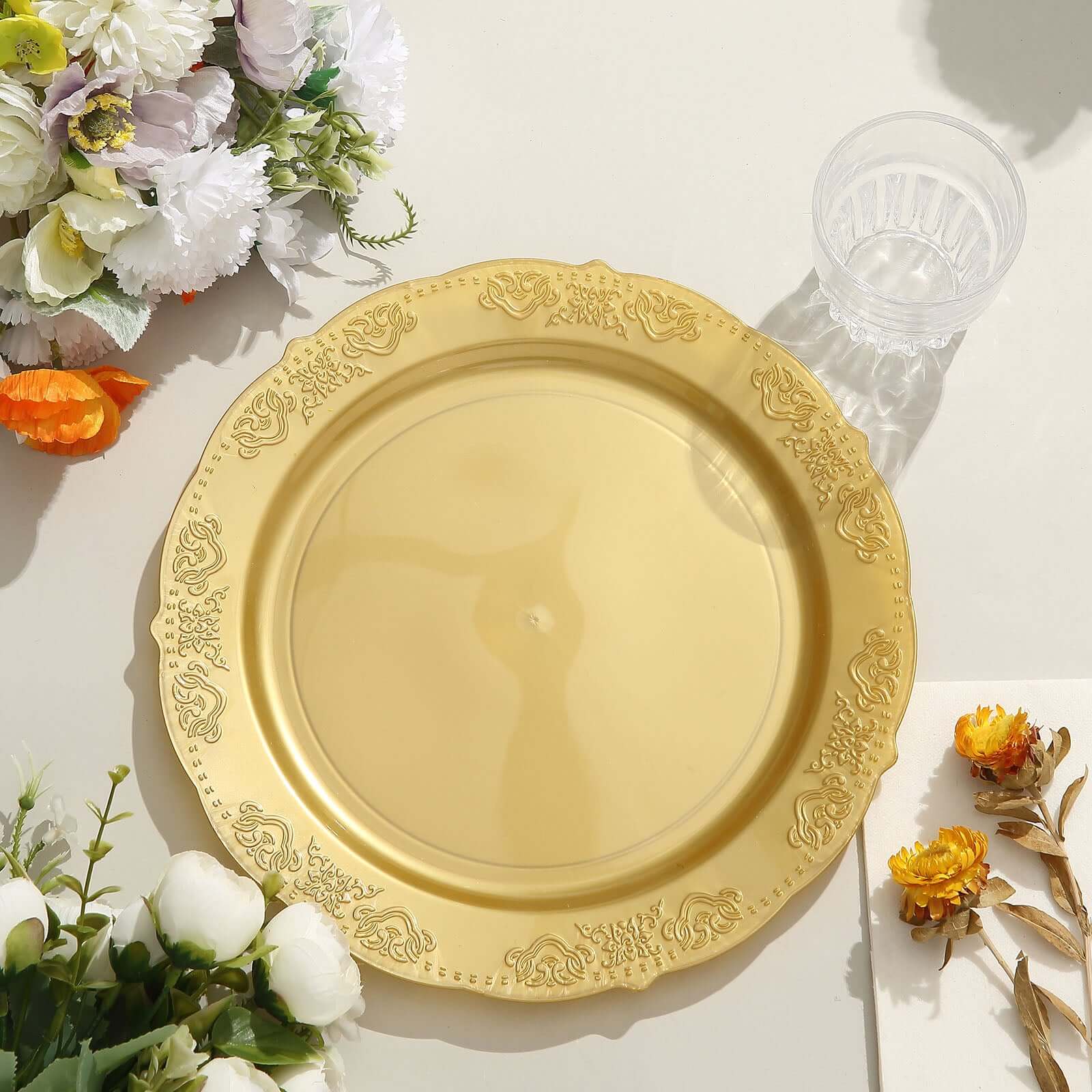 Hot Deal! 10-Pack of Disposable Round Plastic Dinner Plates with Gold Embossed Scalloped Edge for Special Events
