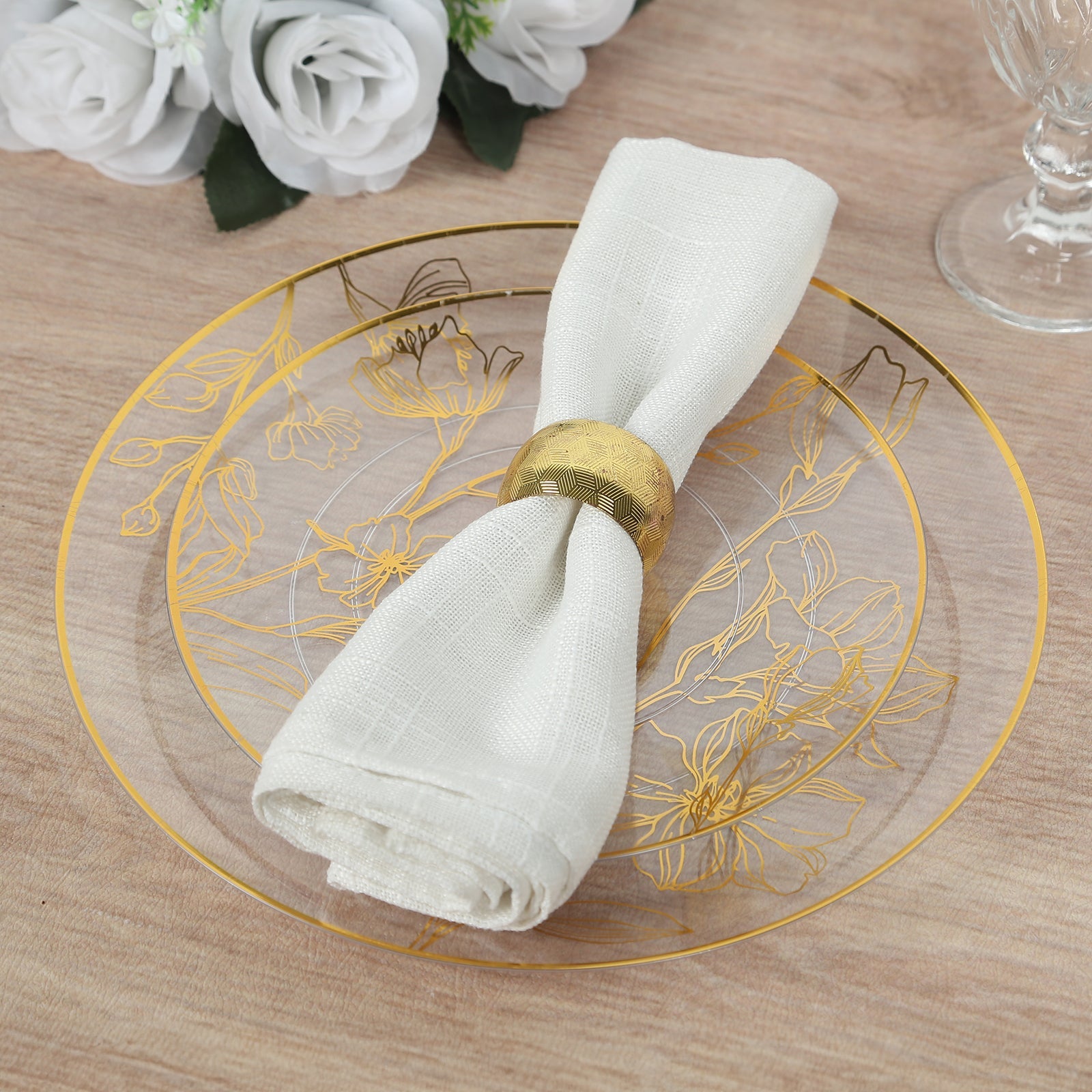 Set of 20 Disposable Clear Plastic Dinner and Dessert Plates with Metallic Gold Floral Design