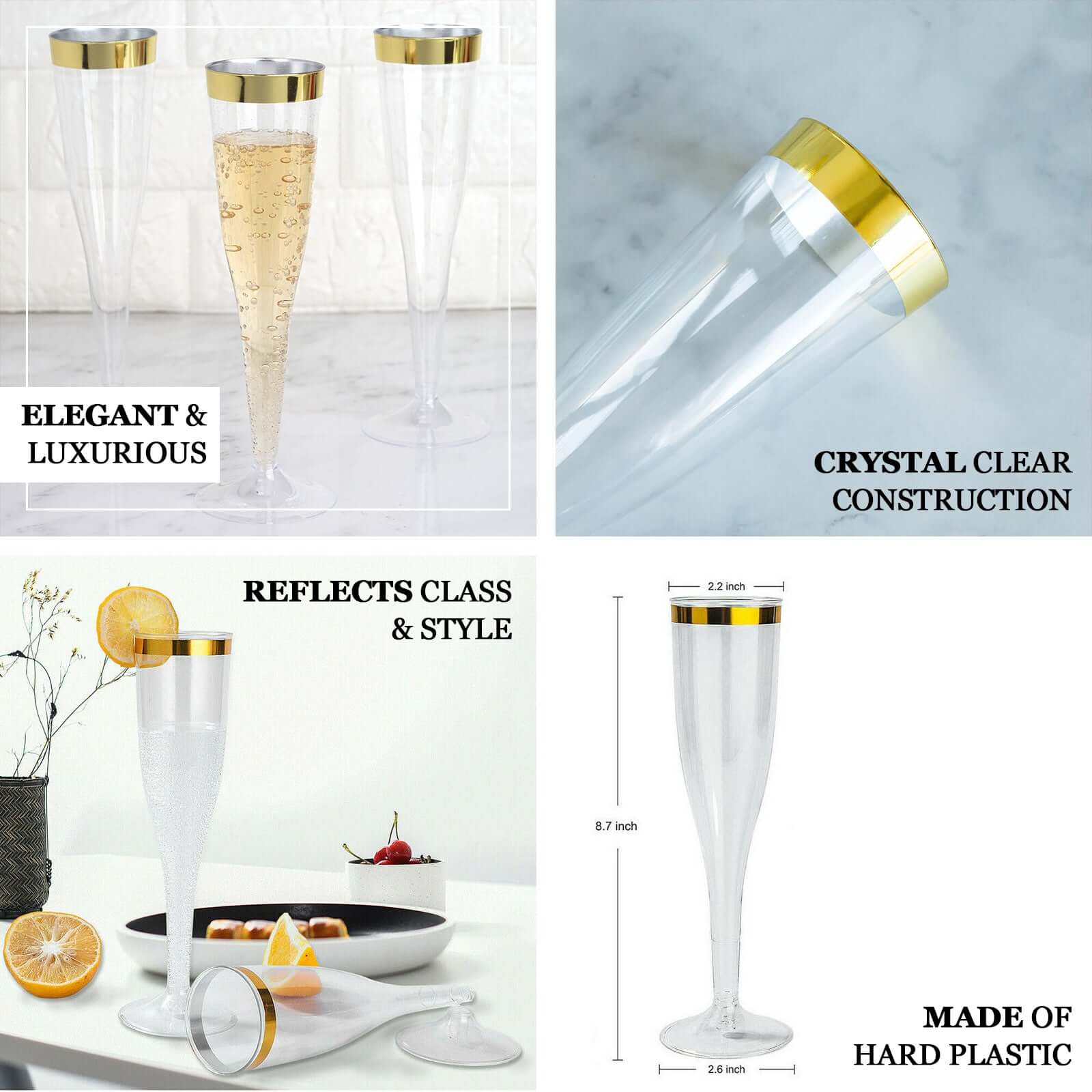 12-Pack Stylish Disposable 6oz Plastic Champagne Flutes with Detachable Base, Clear with Gold Rim