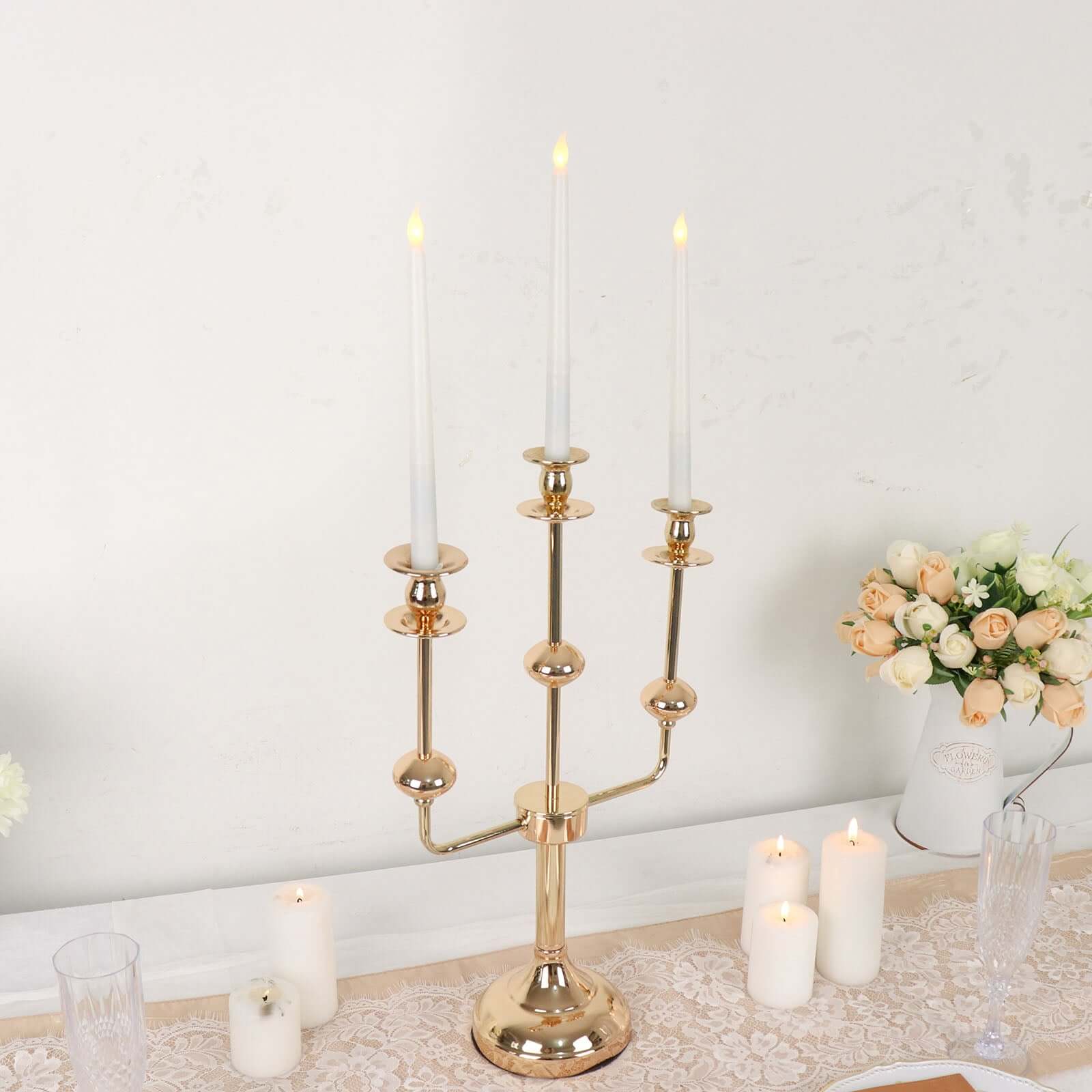 Gold Metal 3-Arm Taper Candelabra Candle Holder Stand - Ideal Wedding Centerpiece