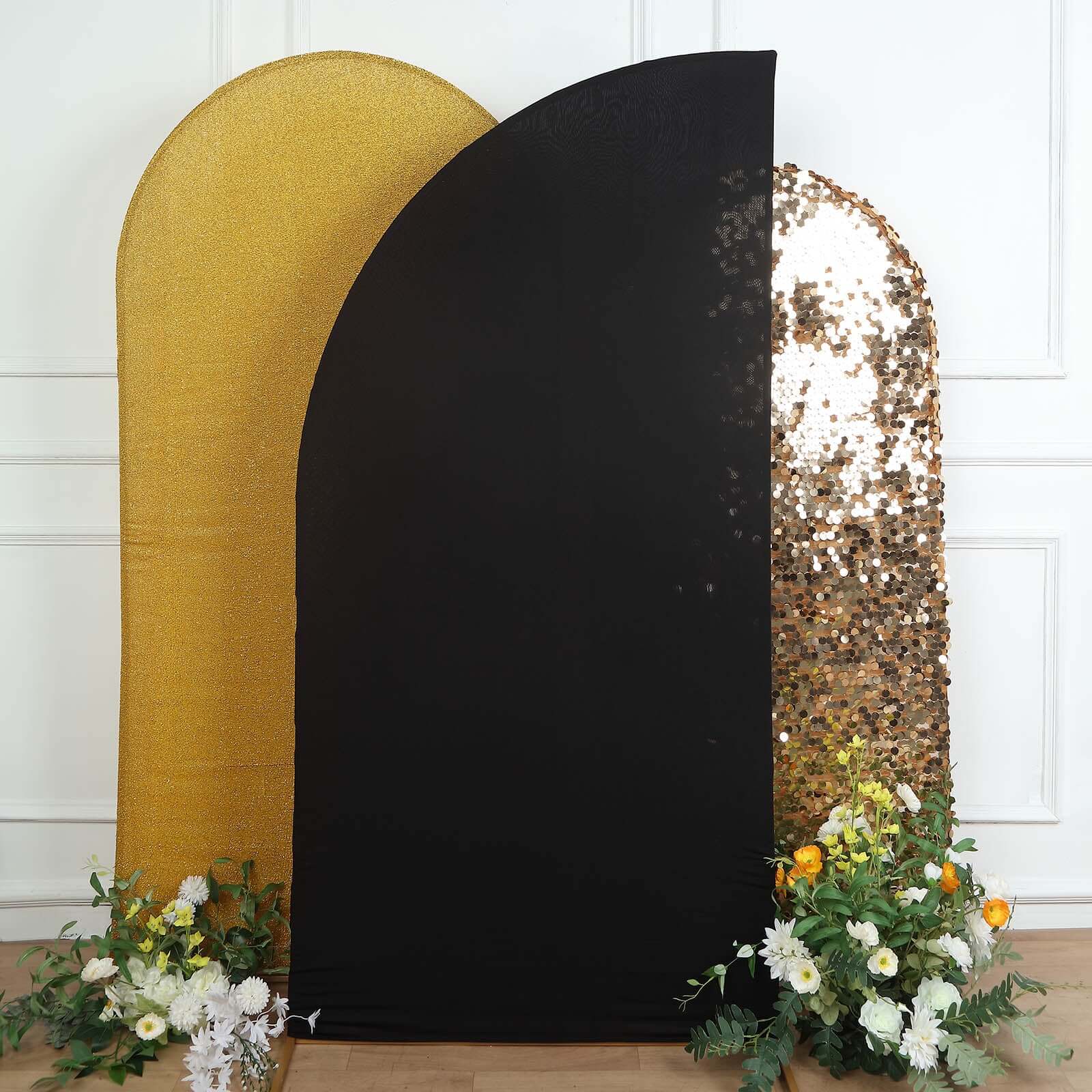 Custom Fitted 7ft Matte Black Spandex Half Moon Chiara Backdrop Stand Cover for Wedding Arch
