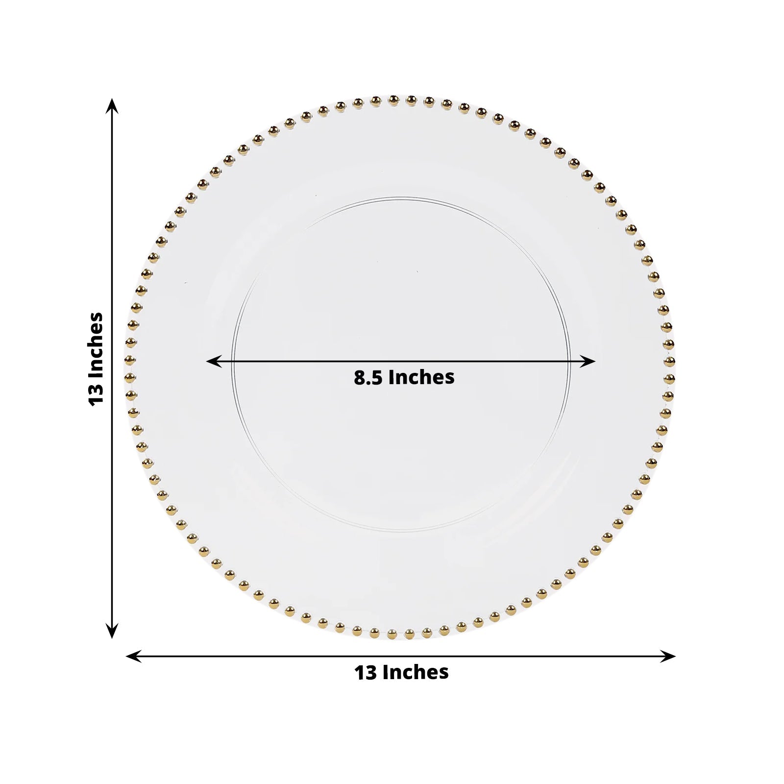 10-Piece Set of Clear 13-Inch Round Plastic Charger Plates with Gold Beaded Rim for Stylish Dinner Parties