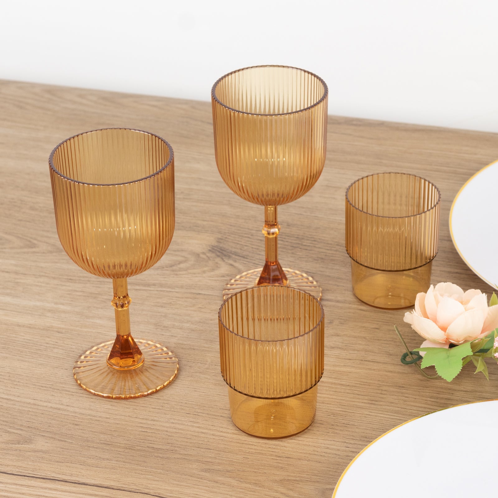 12-Pack Reusable 9oz Amber Gold Vintage Ribbed Plastic Wine Goblets - Shatterproof Glassware