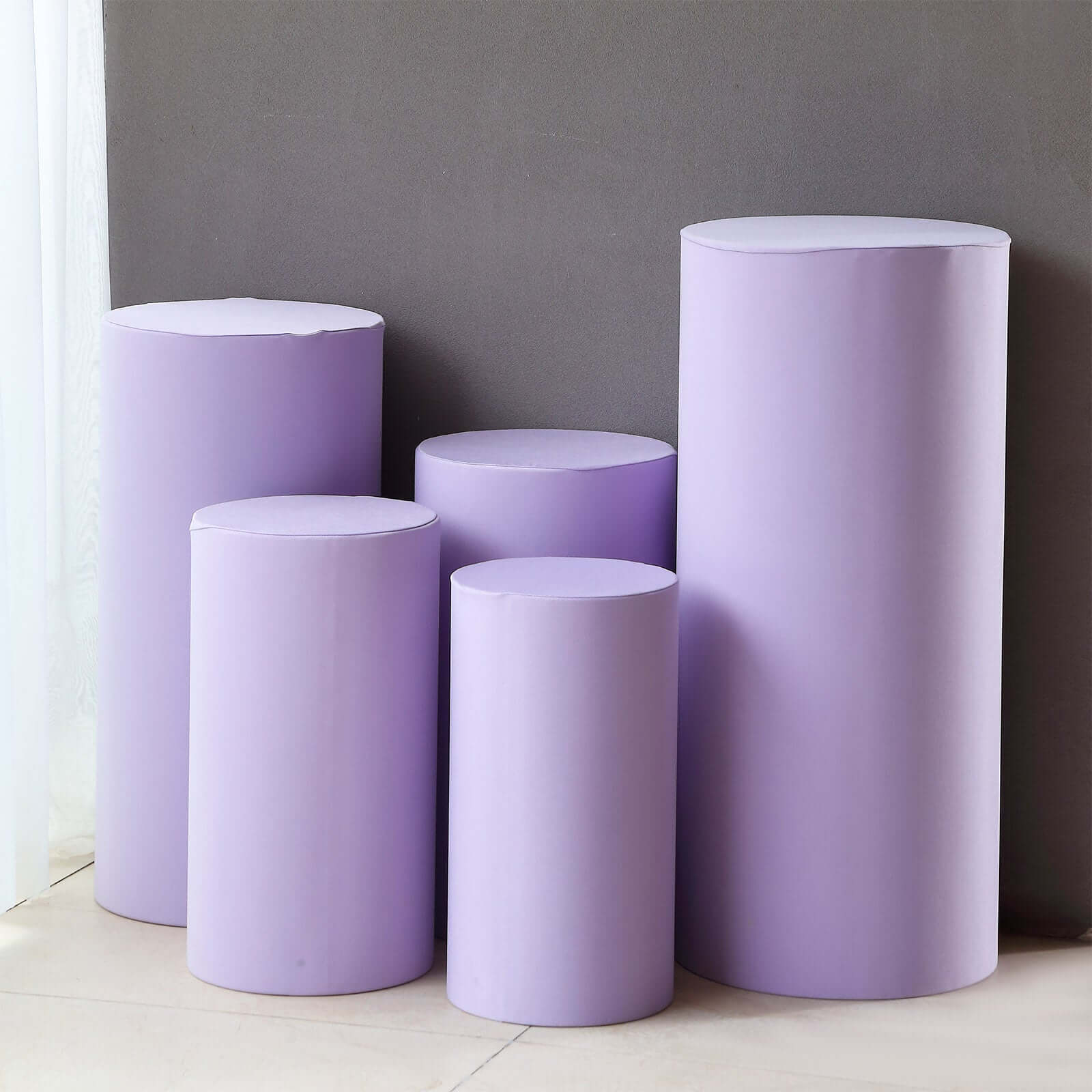 Hot Sale! Set of 5 Lavender Spandex Cylinder Pedestal Stand Covers for Various Decorations