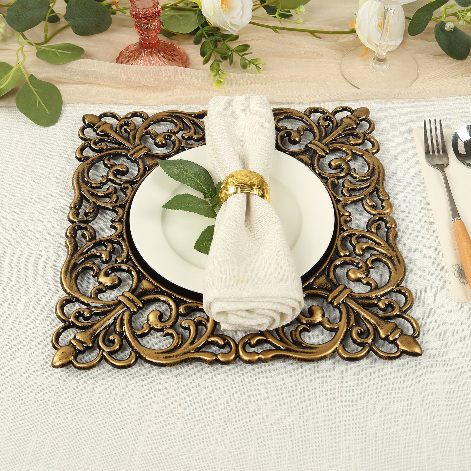 Hot Sale! 6-Pack 12-Inch Black Acrylic Square Charger Plates with Antique Gold Hollow Lace Border for Event Decor