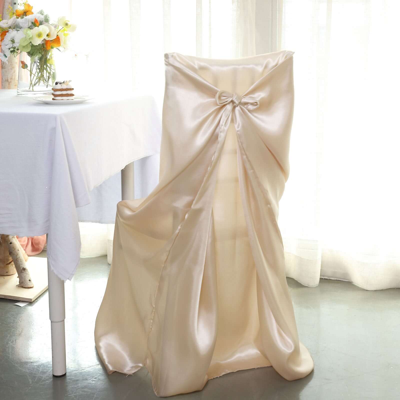 Durable Beige Satin Self-Tie Chair Covers - Universal Design for Folding, Dining & Banquet Chairs