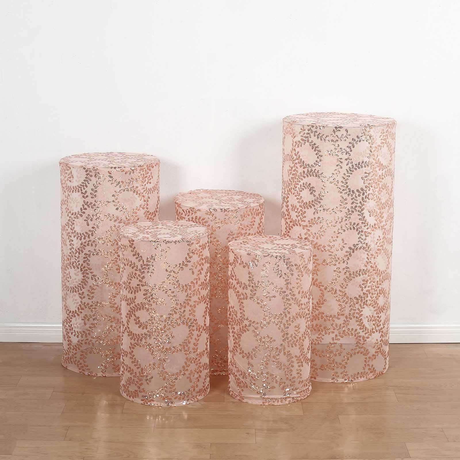 Set of 5 Sparkly Rose Gold Sequin Mesh Cylinder Pedestal Covers with Leaf Vine Design