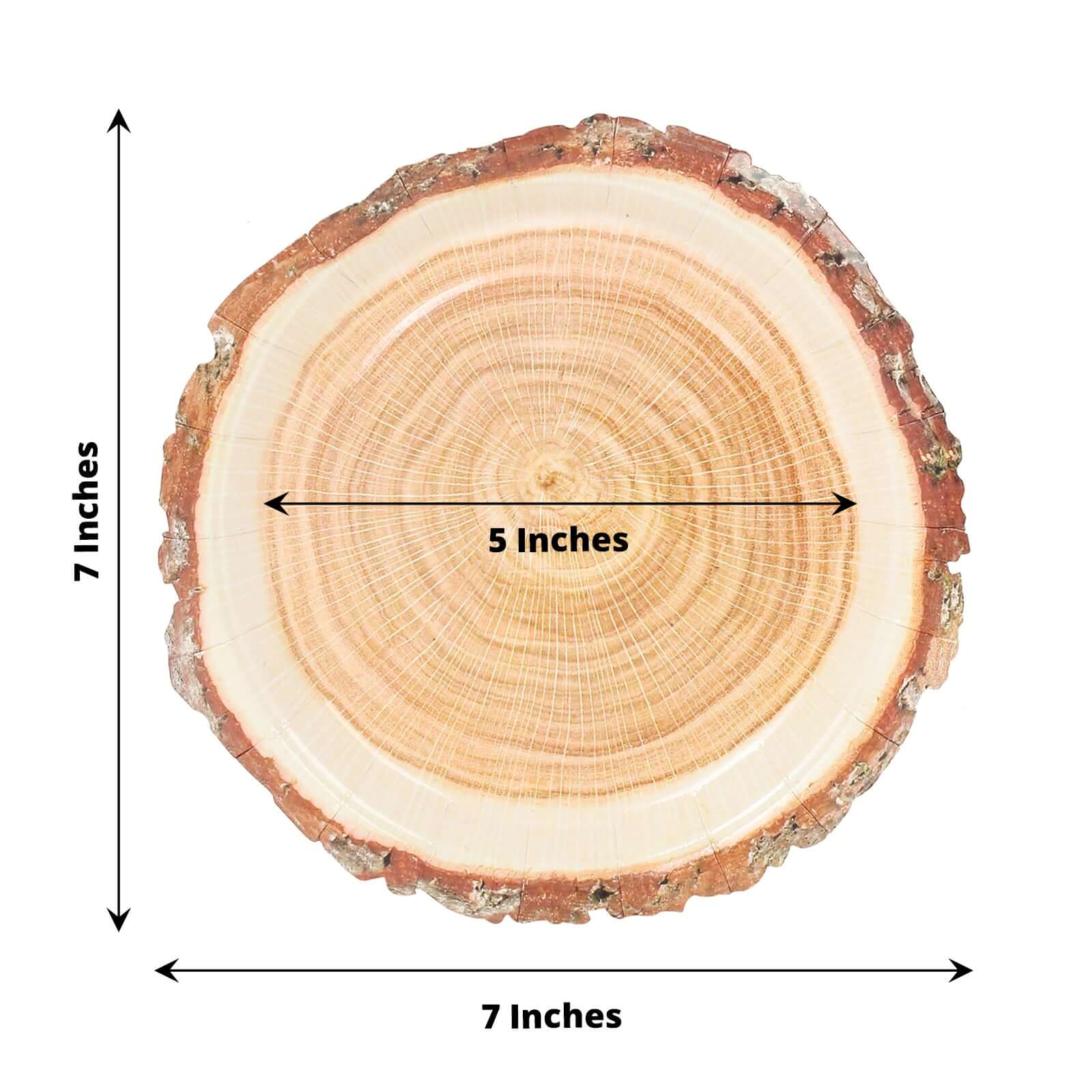 25-Pack Disposable 7-Inch Round Paper Dessert Plates with Natural Wood Slice Print for Rustic Farmhouse Events