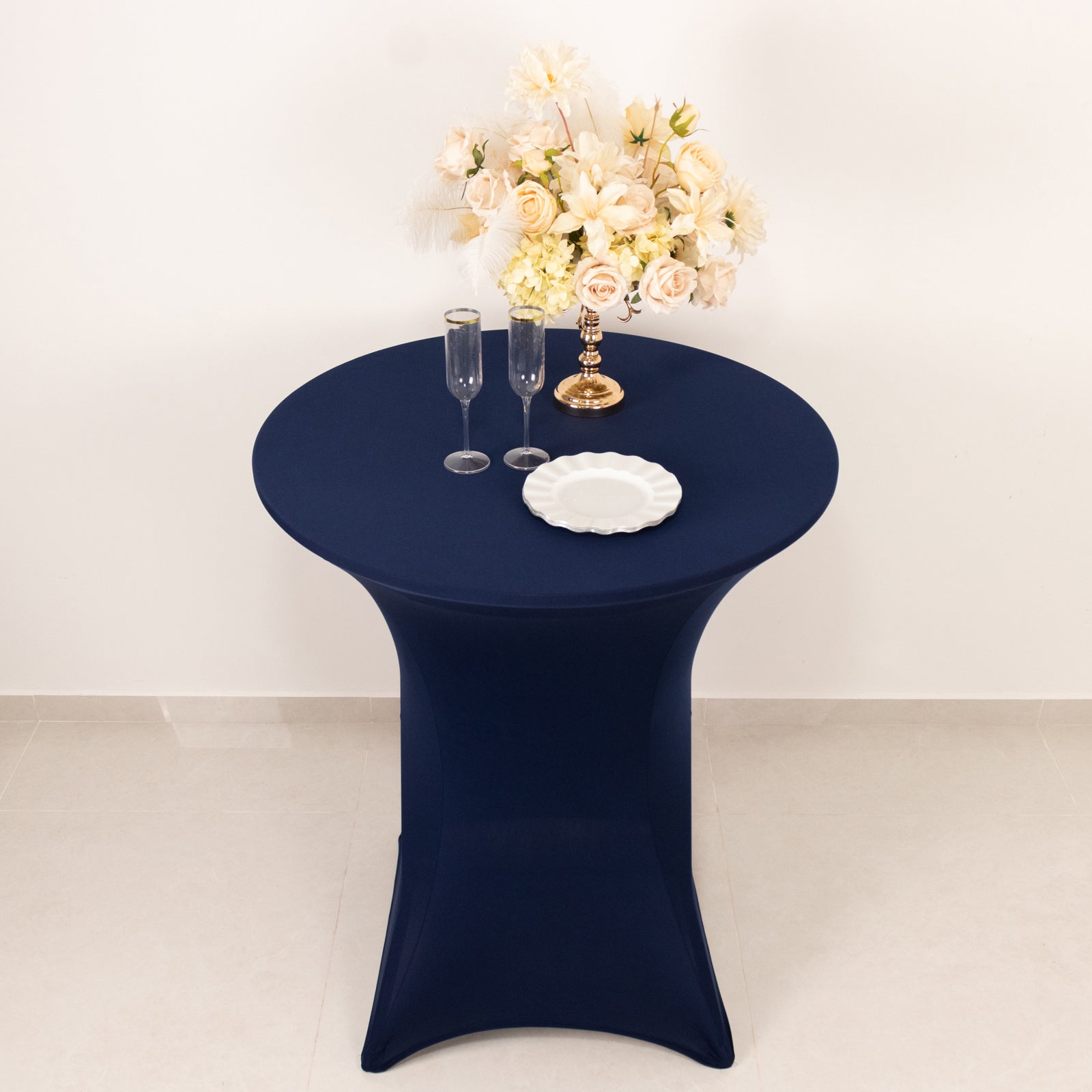 Navy Blue Spandex Stretch Fitted Cocktail Table Cover - Easy to Maintain, 33-36 Round