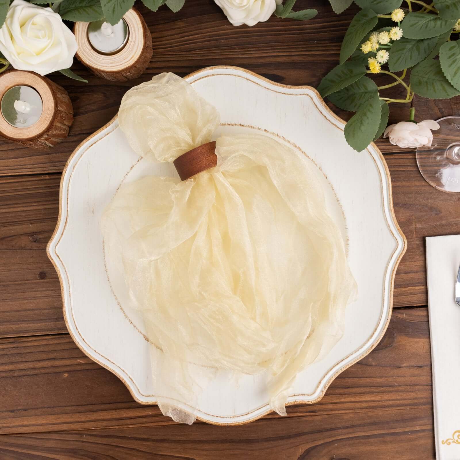 5-Pack Champagne Crinkled Organza Dinner Napkins for Rustic Parties and Weddings