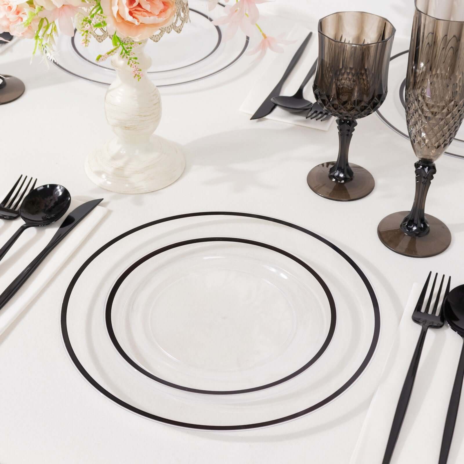 10-Pack Disposable Clear Plastic Salad Plates with Black Rim - Ideal for Banquets and Special Occasions