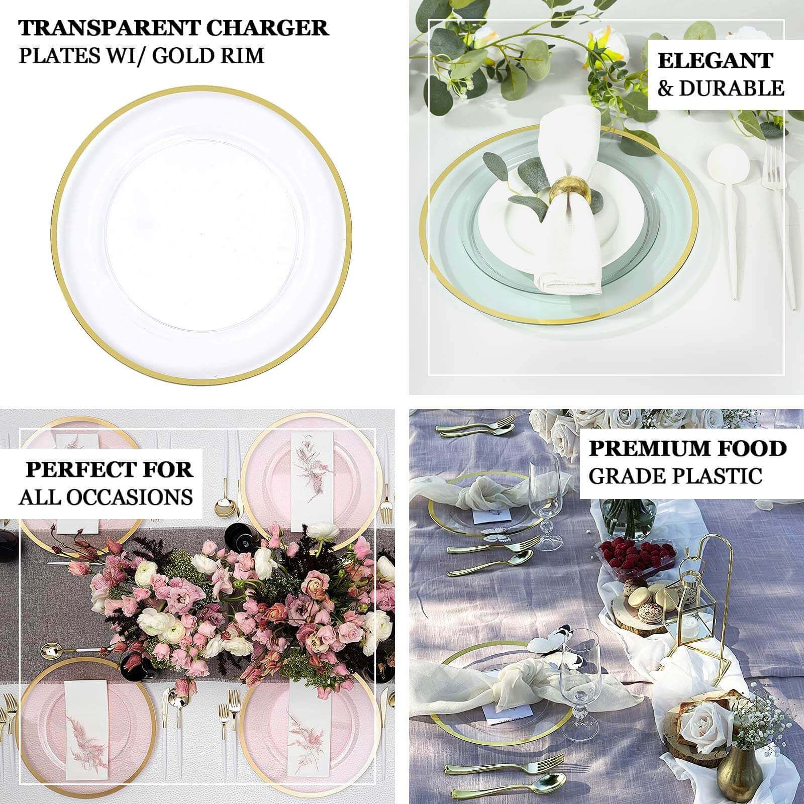 Economy 10-Pack 12-Inch Round Dusty Sage Green Plastic Charger Plates with Wide Gold Rim for Party Serving