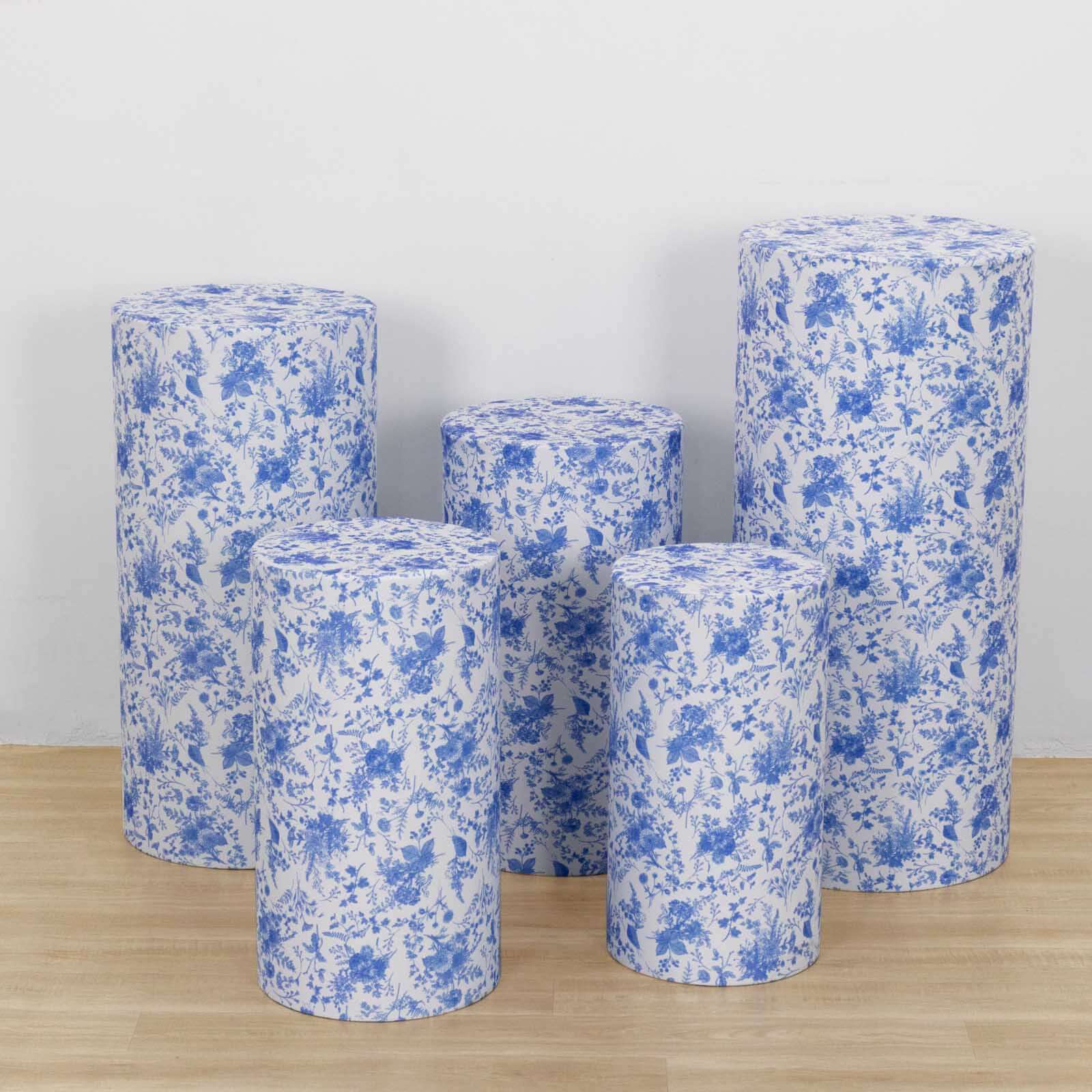 5-Piece Set of Stretchable White and Blue French Toile Floral Spandex Cylinder Pedestal Stand Covers, 160 GSM