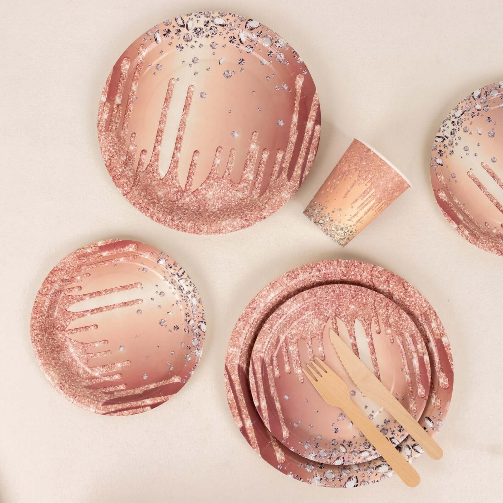 Hot Sale! 72-Piece Disposable Paper Dinnerware Set in Rose Gold with Diamond Glitter Drip Pattern