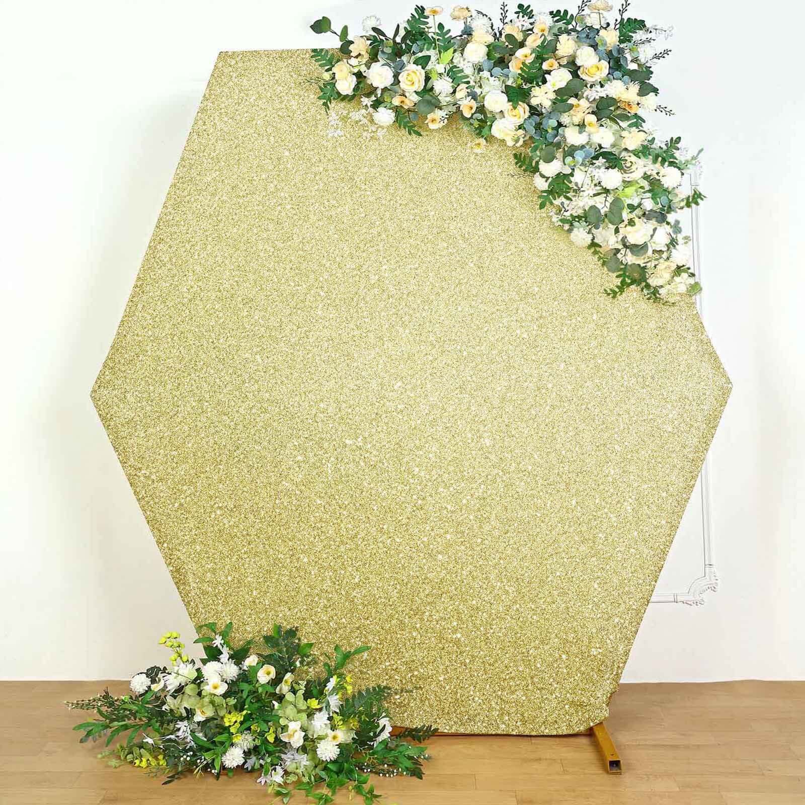 8ft x 7ft Champagne Double-Sided Metallic Shimmer Tinsel Spandex Hexagon Wedding Arbor Backdrop