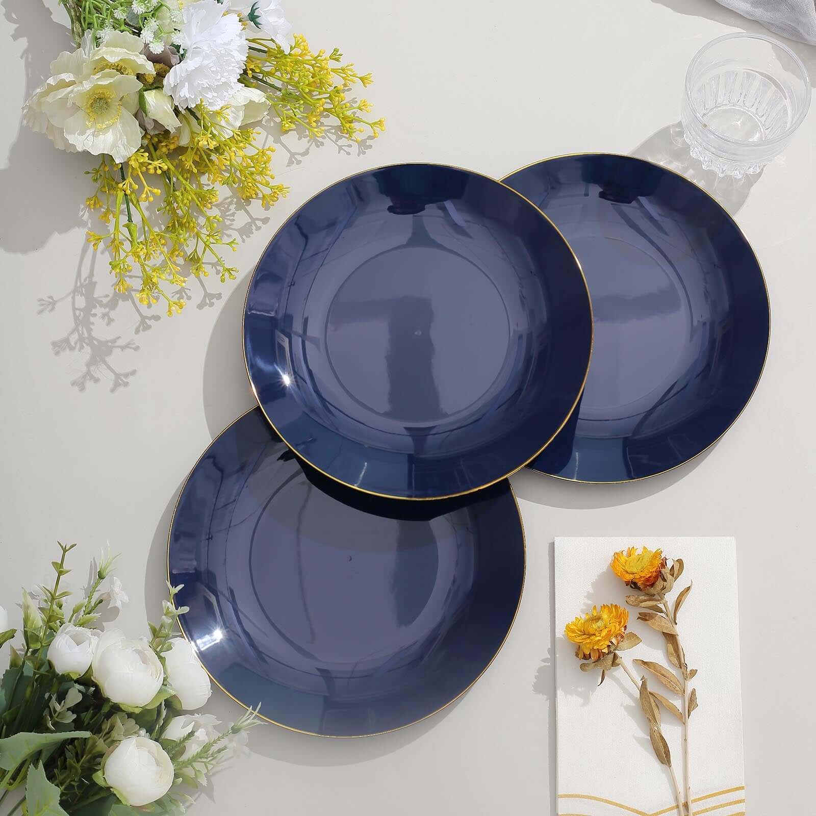 Hot Deal! 10-Piece Set of Disposable Navy Blue Plastic Round Dessert Plates with Gold Rim