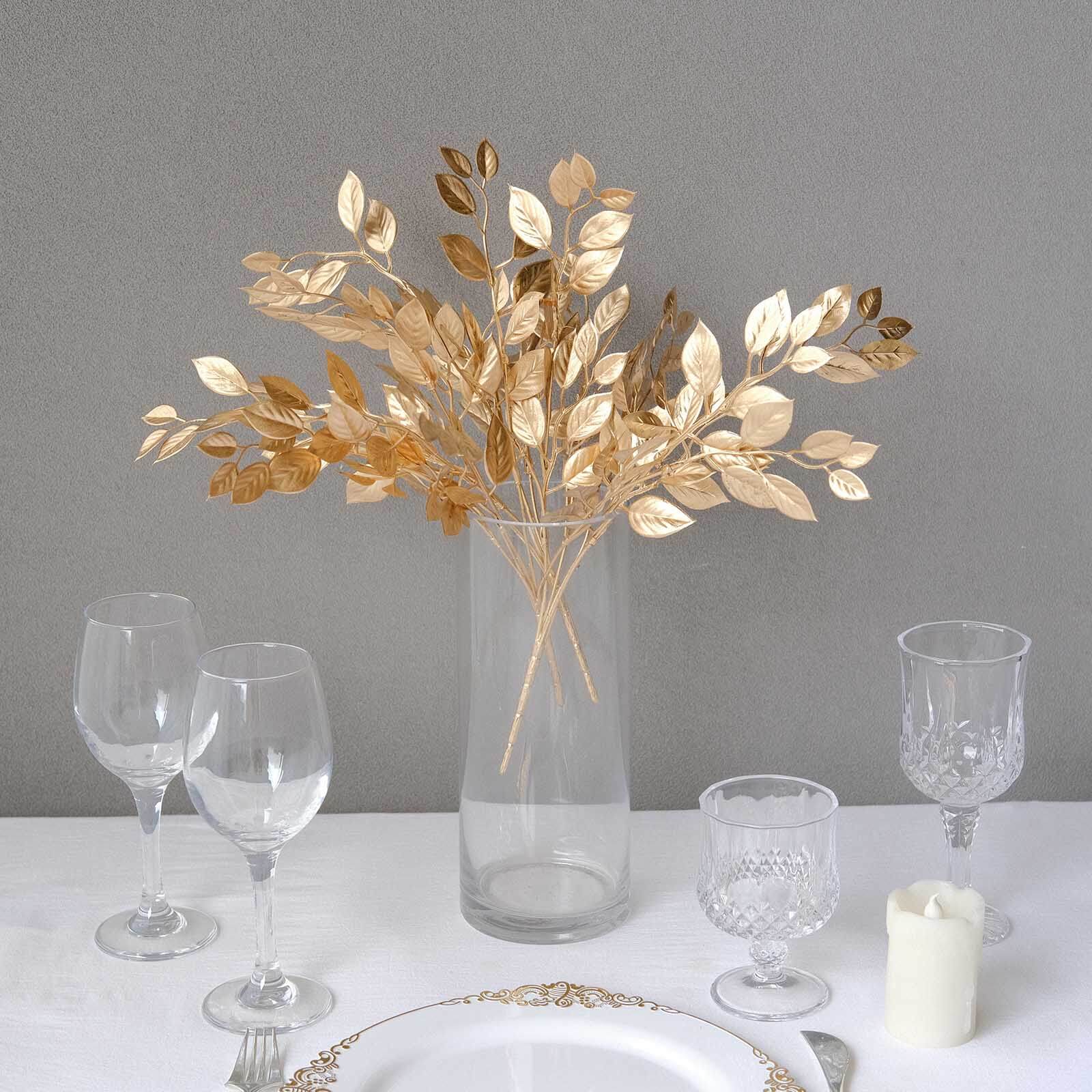 4-Piece Metallic Gold Artificial Italian Ruscus Leaf Branches for Stunning Tablescapes and Floral Decor