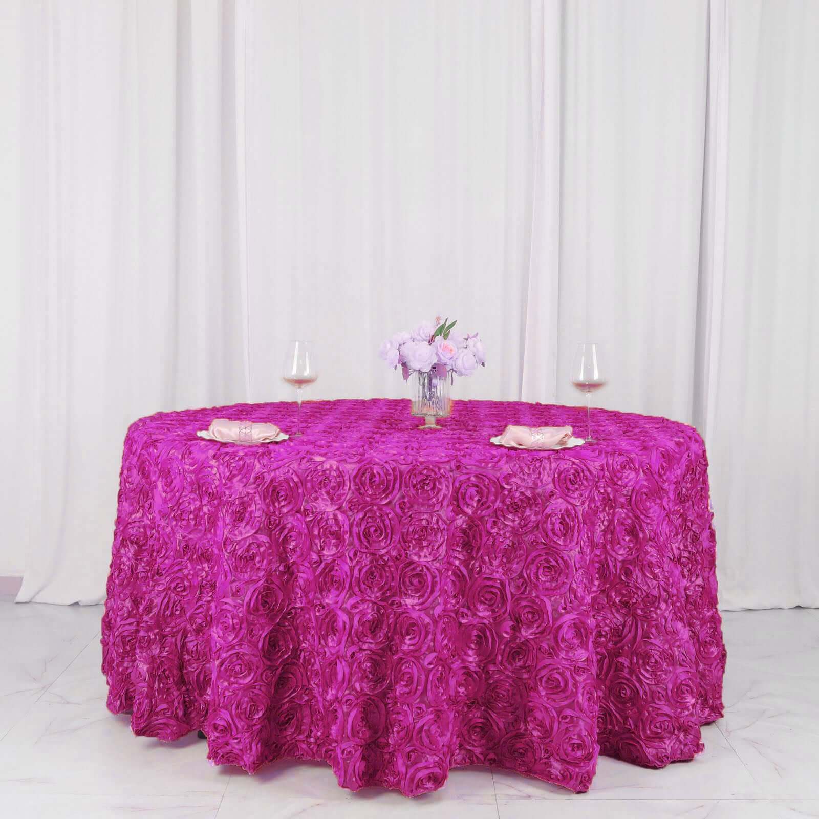 Fuchsia Satin 120 - Inch Round Tablecloth with Stunning 3D Rosette and Seamless Finish