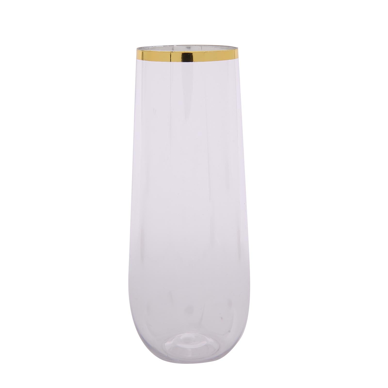 9oz Reusable 6-Pack Clear Plastic Stemless Champagne Flutes with Gold Rim
