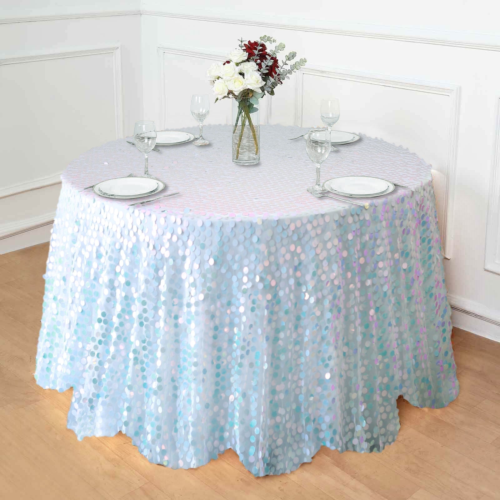 120-Inch Seamless Iridescent Blue Round Sequin Tablecloth for Big Payette Tables