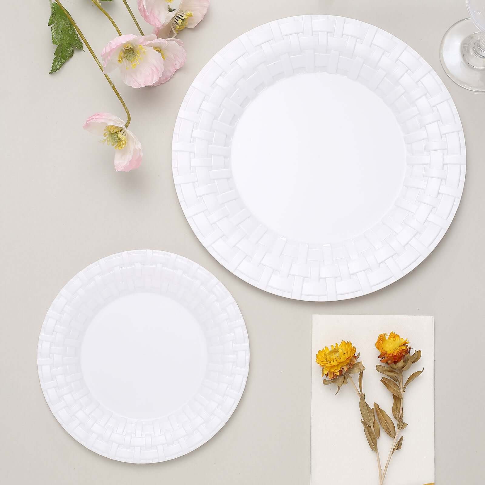 10-Piece Set of 7-Inch White Basketweave Rim Round Disposable Plastic Salad & Dessert Plates